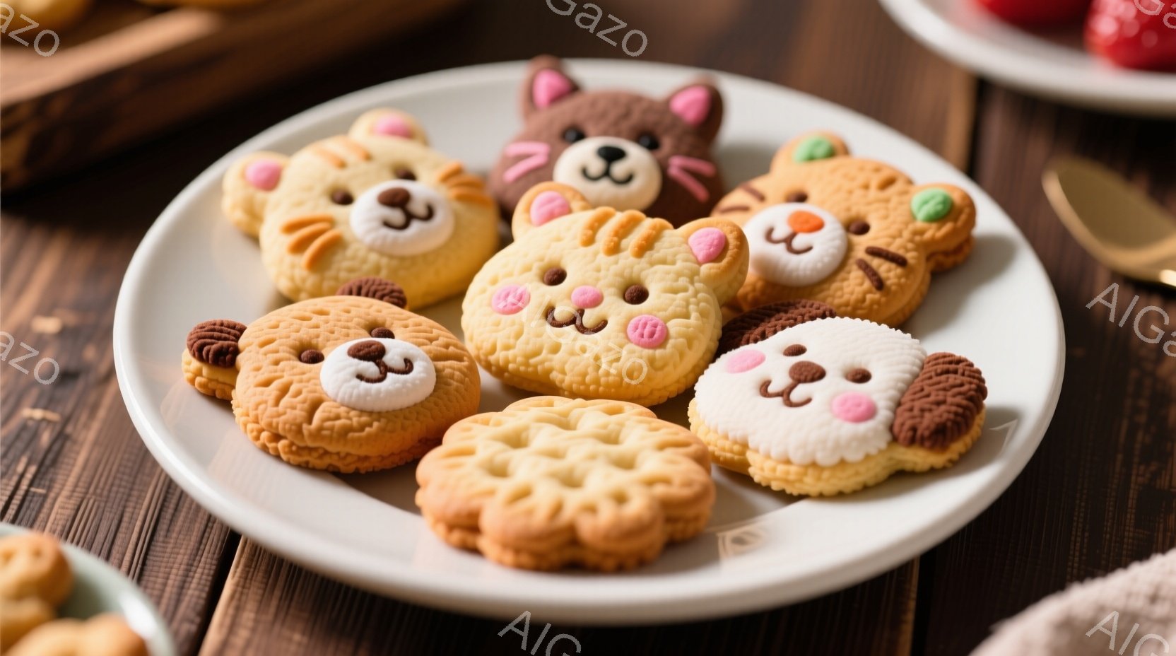 白い皿の上に、様々な動物の形をしたクッキーが並べられています。クッキーは犬、猫、クマなどの可愛らしい姿をしており、それぞれ白いクリームで顔の表情が表現されています。背景は木製のテーブルで、全体的に暖かく、お菓子作りの楽しい雰囲気が漂っています。
