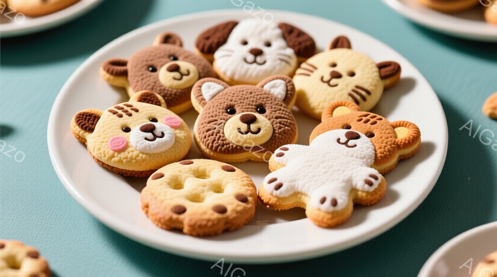 白い皿に様々な動物を模したクッキーが並べられています。茶色、白、黒のアイシングで、クマ、ライオン、チーター、犬などの愛らしい表情が描かれており、全体的に温かく可愛らしい雰囲気を醸し出しています。背景は - AI生成フリー素材
