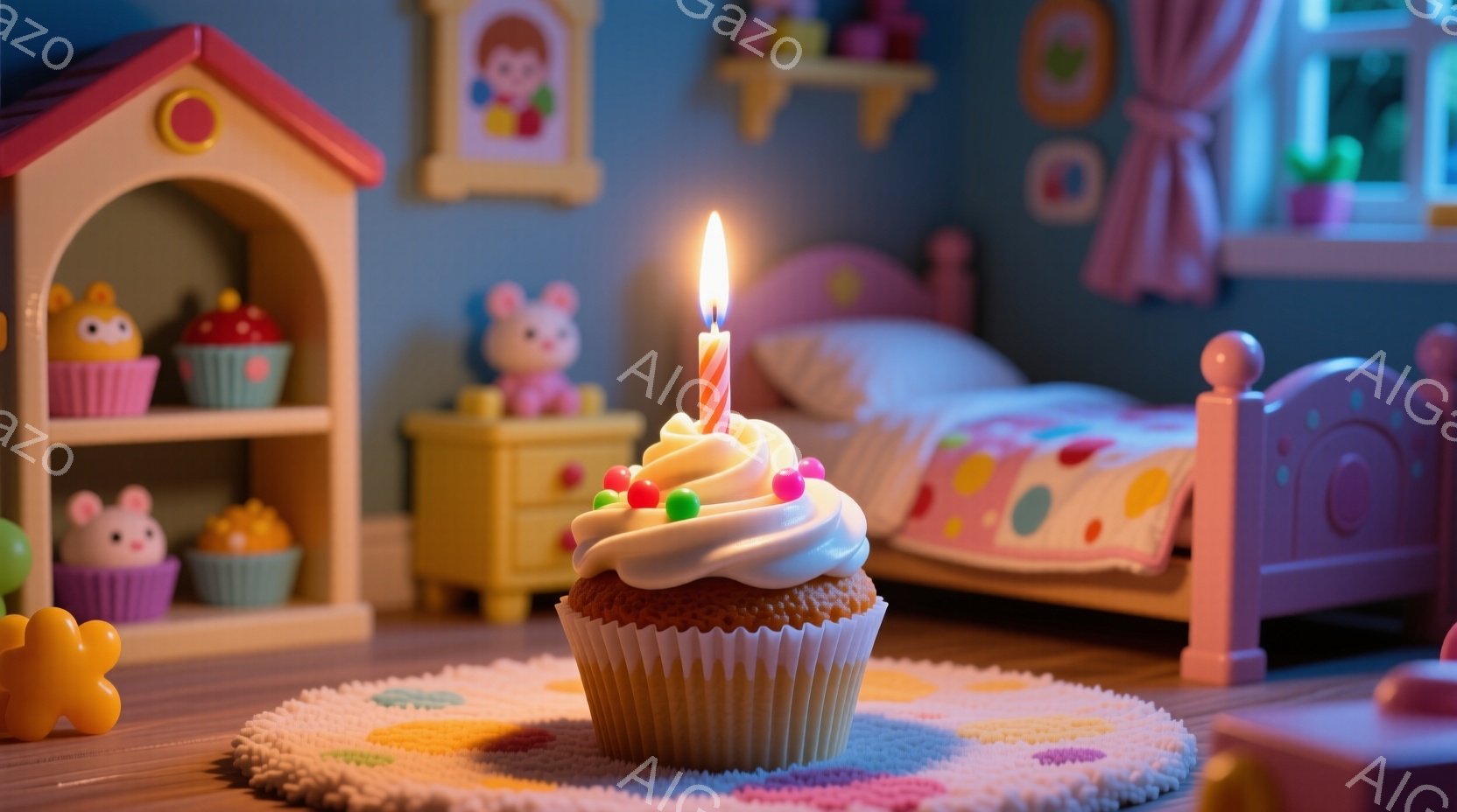 ピンクと紫を基調とした子供部屋で、カラフルな円形のラグの上に置かれた大きなカップケーキを描いています。カップケーキには白いクリームがたっぷりとかけられ、カラフルな粒状のトッピングが散りばめられ、一本の - AI生成フリー素材