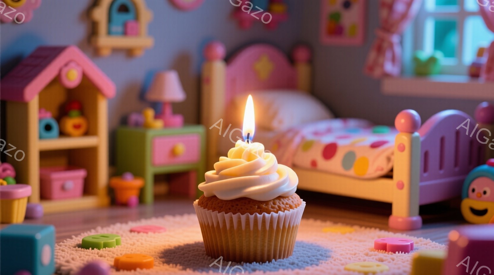 鮮やかなピンクと緑の子供部屋で、クリームをたっぷり乗せたカップケーキが、点灯したキャンドルと共に床に置かれている。背景にはおもちゃの棚やベッド、カラフルなブロックが並び、おとぎ話のような温かく遊び心の - AI生成フリー素材