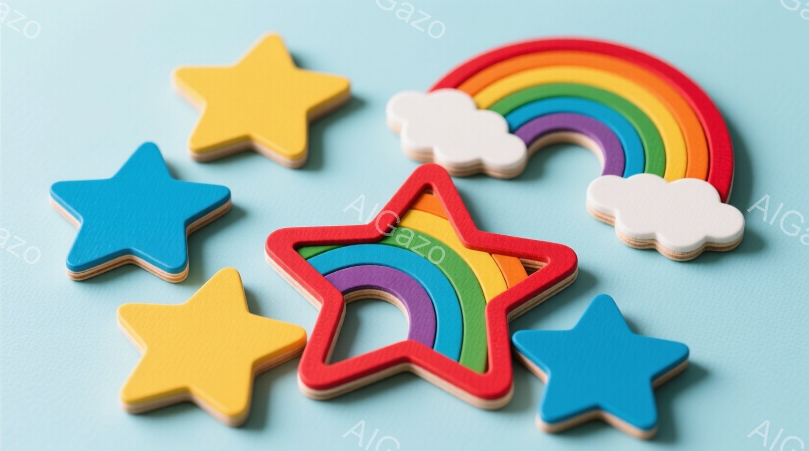 明るい水色の背景の上に、様々な色の星形と虹の形の木製玩具が配置されています。星は黄色と青で、虹は赤、オレンジ、黄色、緑、青、紫の美しいグラデーションが施されています。おもちゃは平らな質感で、子供向けの教育玩具または装飾品として使われる可能性があります。