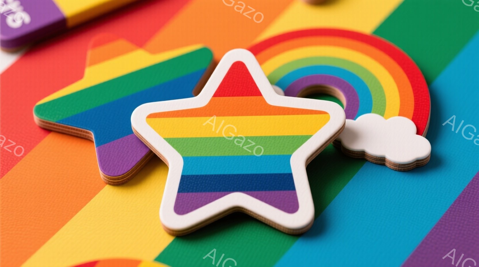 鮮やかな虹色のストライプが背景に広がっており、その上に白い縁取りの虹色の星型オブジェクトが置かれています。星の近くには、いくつかの他の虹色のストライプが重なり合っており、カラフルで遊び心のある雰囲気を - AI生成フリー素材