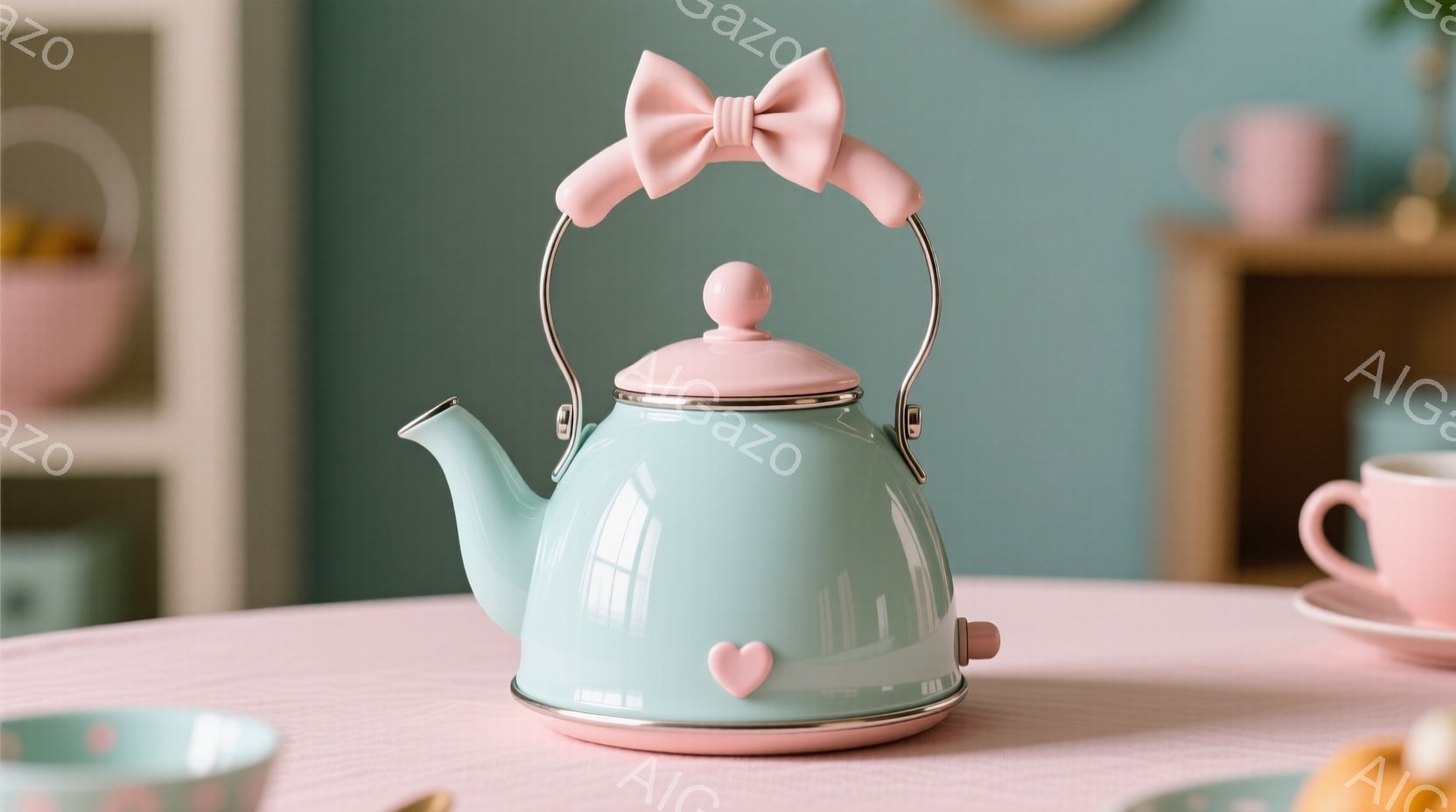 淡い水色のティーポットが、ピンク色のテーブルクロスの上に置かれています。ティーポットにはピンク色のハート型の飾りと、リボン型の取っ手が付いており、可愛らしい雰囲気を醸し出しています。背景には、白い棚や - AI生成フリー素材