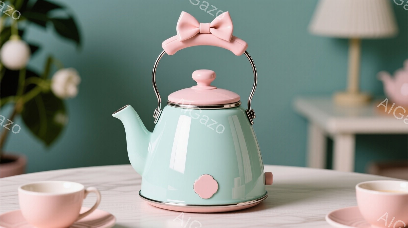 明るい水色のティーポットが、白い大理石のテーブルの上に置かれています。ピンク色のアクセントとリボン型のハンドルが可愛らしく、優雅なティータイムを想像させます。背景には、植物と間接照明が見え、穏やかで暖 - AI生成フリー素材