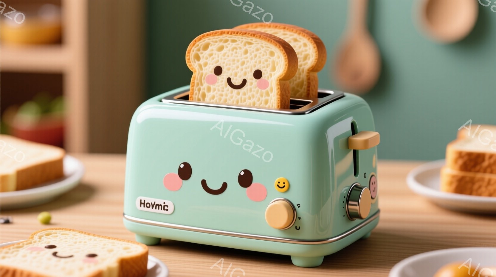 パステルグリーンのトースターが写っており、表面には可愛らしい顔のイラストが描かれています。トーストが2枚挿さっており、片方はトースターから飛び出しています。背景には、クリーム色の皿に載ったトーストと、ぼやけた緑色の背景が見えます。