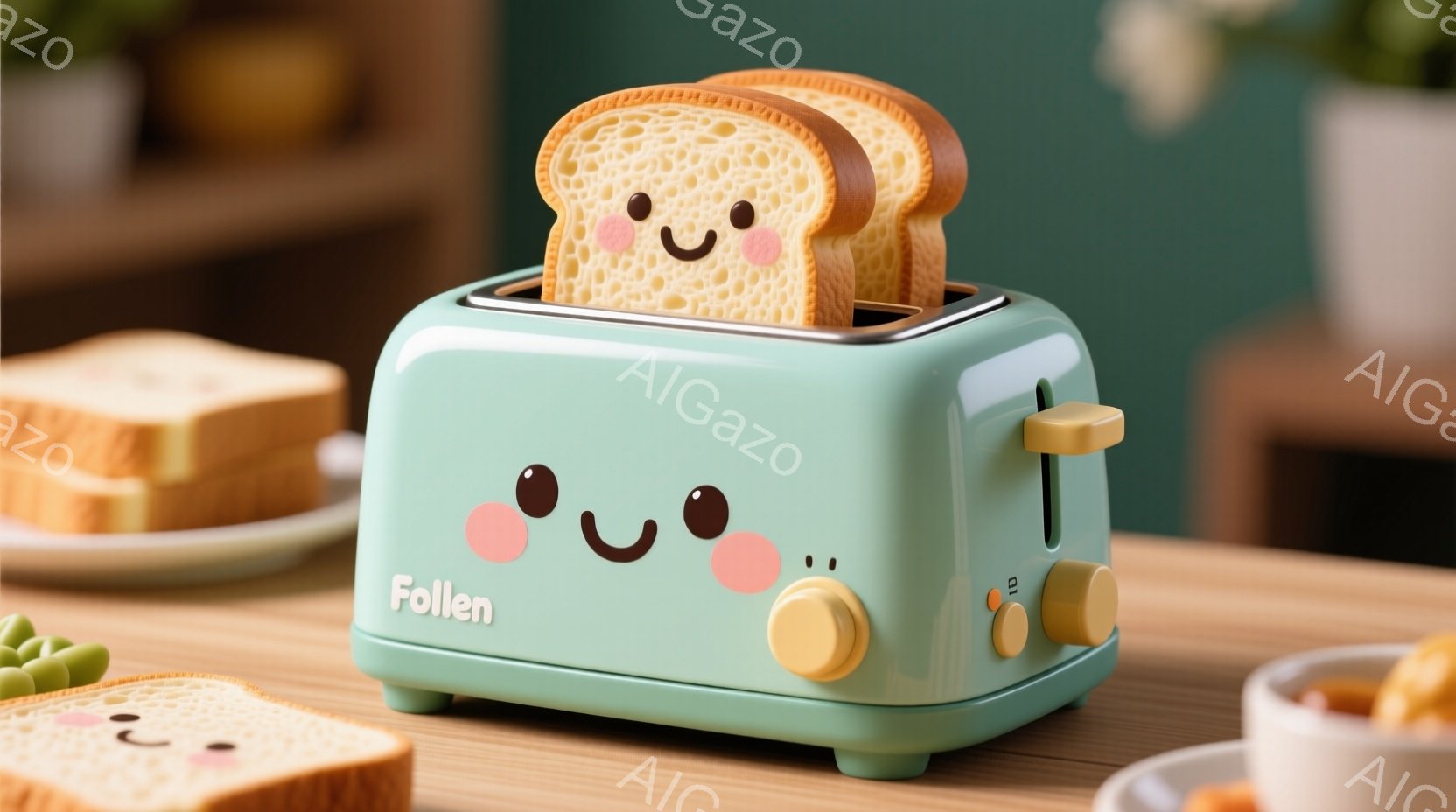淡い緑色のトースターが、笑顔のパンを2枚乗せています。トースター自体も可愛らしい表情を持っており、前面には「Follen」という文字が書かれています。背景には、パン、豆、カップなどが配置されており、温かく、お茶目な雰囲気を醸し出しています。