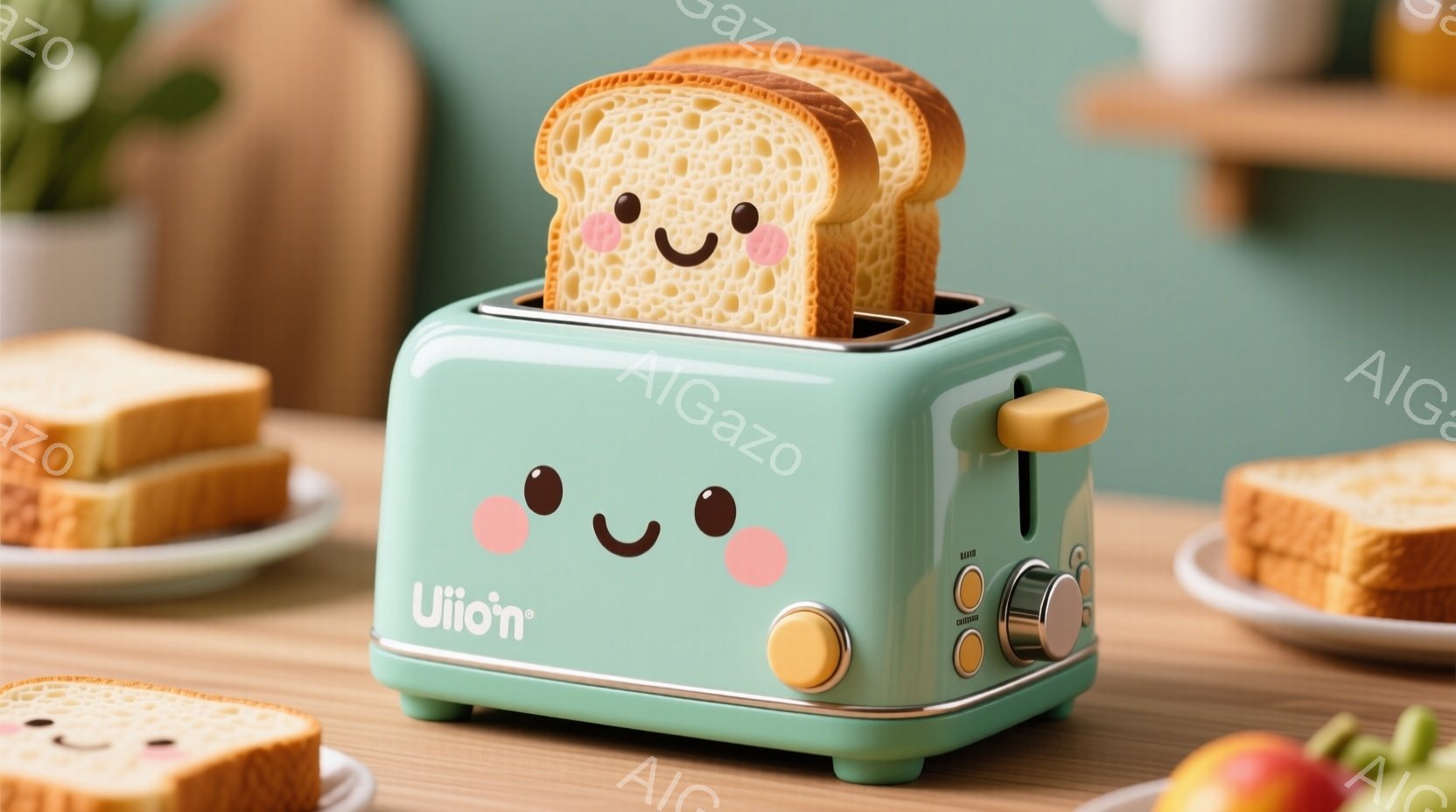 明るい緑色のトースターが、微笑みを浮かべたトーストを乗せて中央に配置されています。トースター自体も可愛らしい顔のペイントがされており、周りにはさらにトーストが盛り付けられた皿が配置されています。背景には植物や食器が見え、温かみのある朝食の雰囲気が漂っています。
