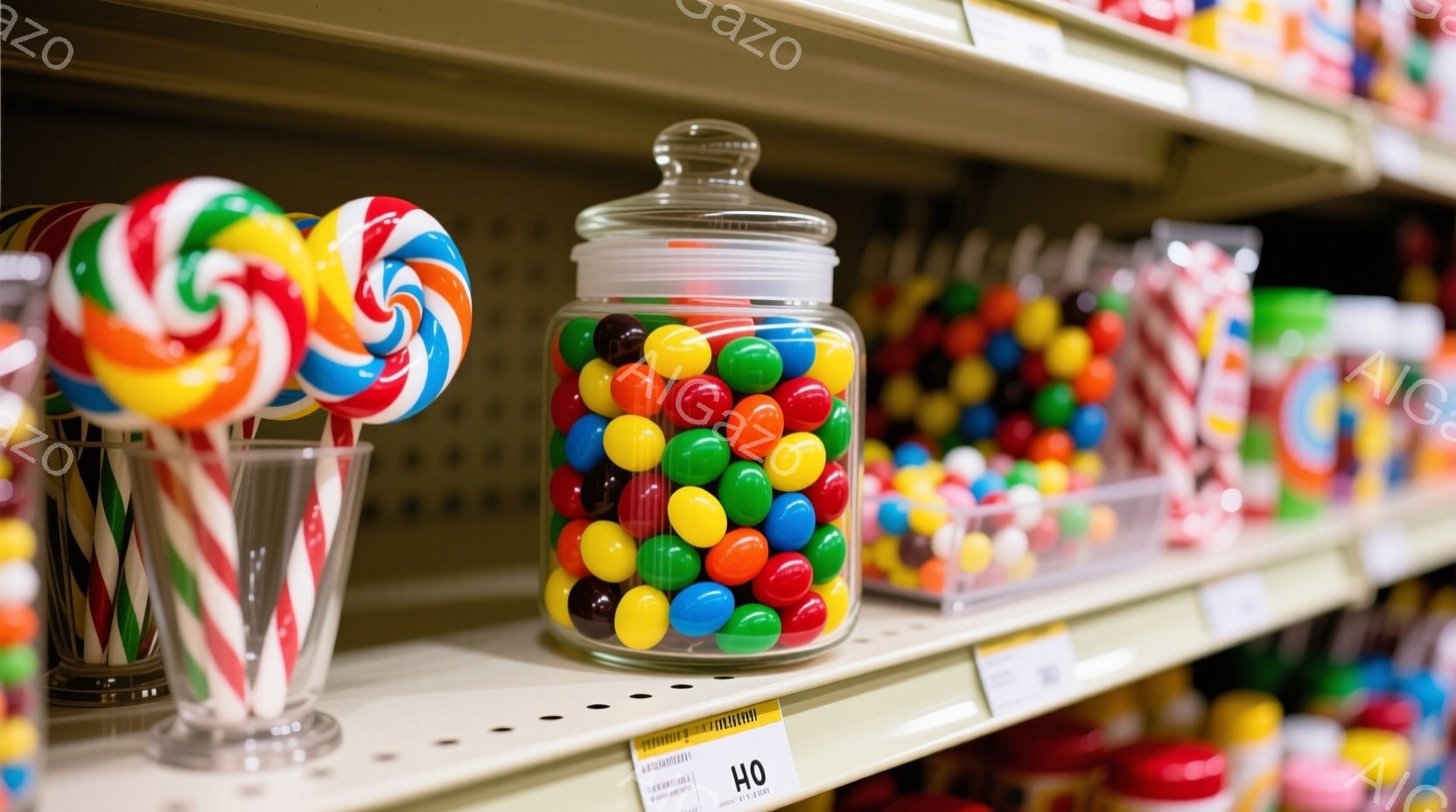 商店の棚に、様々なキャンディが入ったガラス瓶が並べられています。赤、緑、黄色、白などカラフルなキャンディが目に付き、特に渦巻き模様の棒付きキャンディが鮮やかです。背景は明るい照明で照らされた棚で、お菓子の楽しい雰囲気を強調しています。