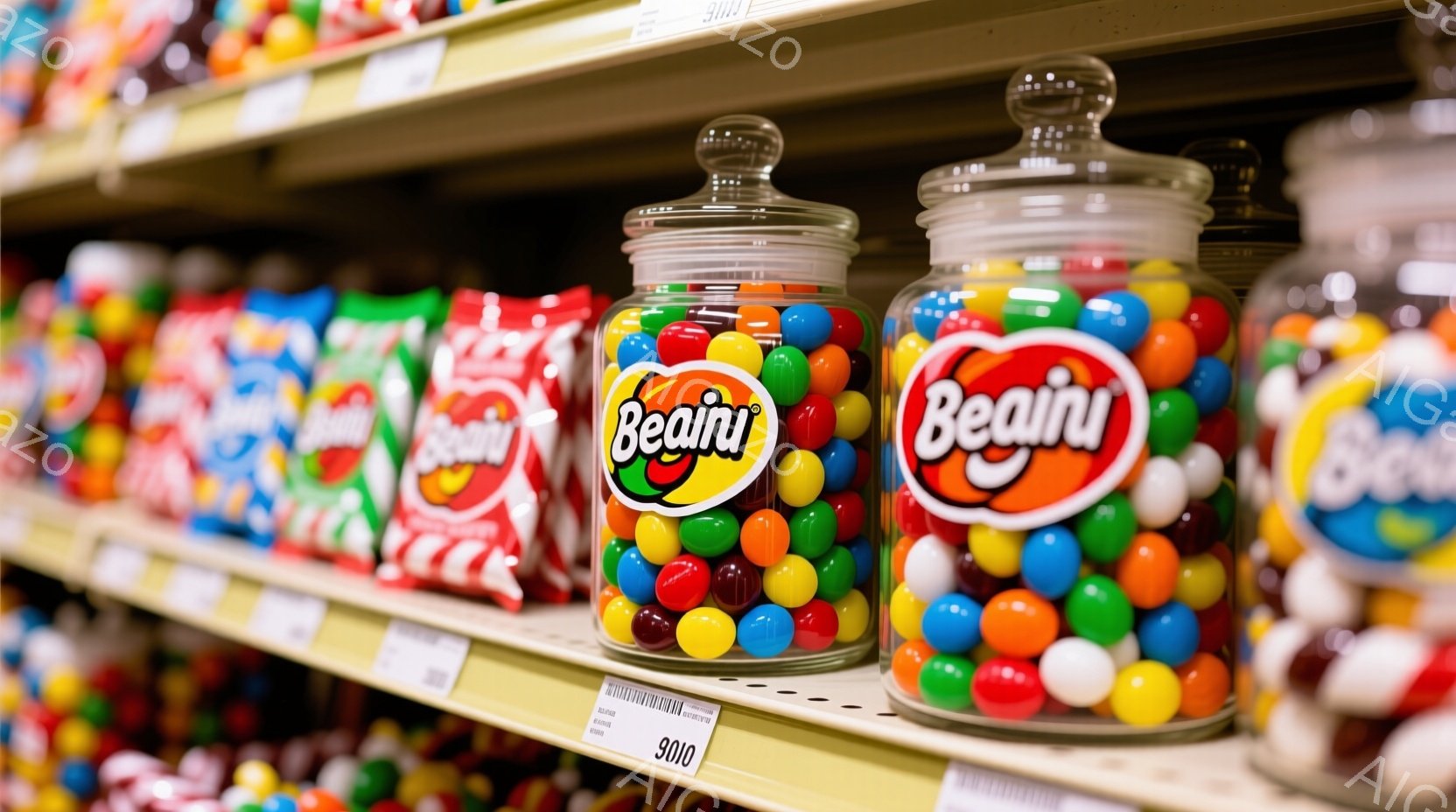 カラフルなジェリービーンズが詰まった大きなガラス瓶が棚に並んでいます。各瓶には「Beanies」というブランド名が大きく表示されており、背景には同じブランドの包装されたジェリービーンズの袋が並んでいます。全体的に明るくポップな雰囲気で、お菓子の専門店やスーパーマーケットの一角のようです。