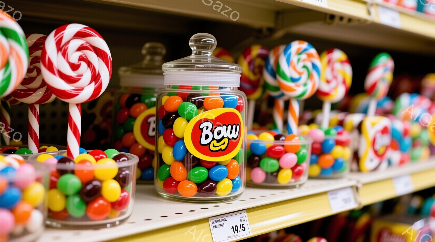 カラフルなキャンディーとグミが棚に並んでいます。大きなガラスの瓶には、さまざまな色の小さなグミがぎっしりと詰まっており、その手前には棒付きの渦巻き模様のキャンディーが並べられています。価格タグがいくつか見え、明るい店内の一角の様子が伺えます。