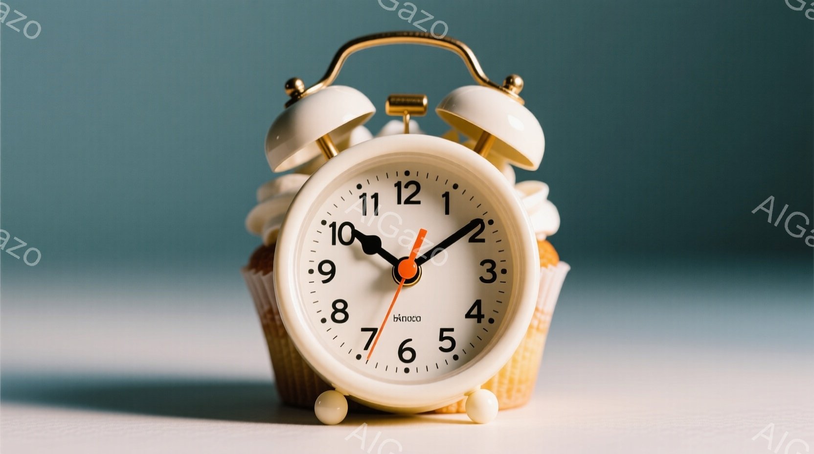 白い目覚まし時計が、クリームが塗られたカップケーキの上に置かれています。時計の針は9時頃を指しており、背景は淡い水色で、全体的に柔らかく、遊び心のある雰囲気を醸し出しています。この奇妙な組み合わせは、時間と甘いご褒美を連想させ、ユニークで魅力的な視覚的効果を生み出しています。