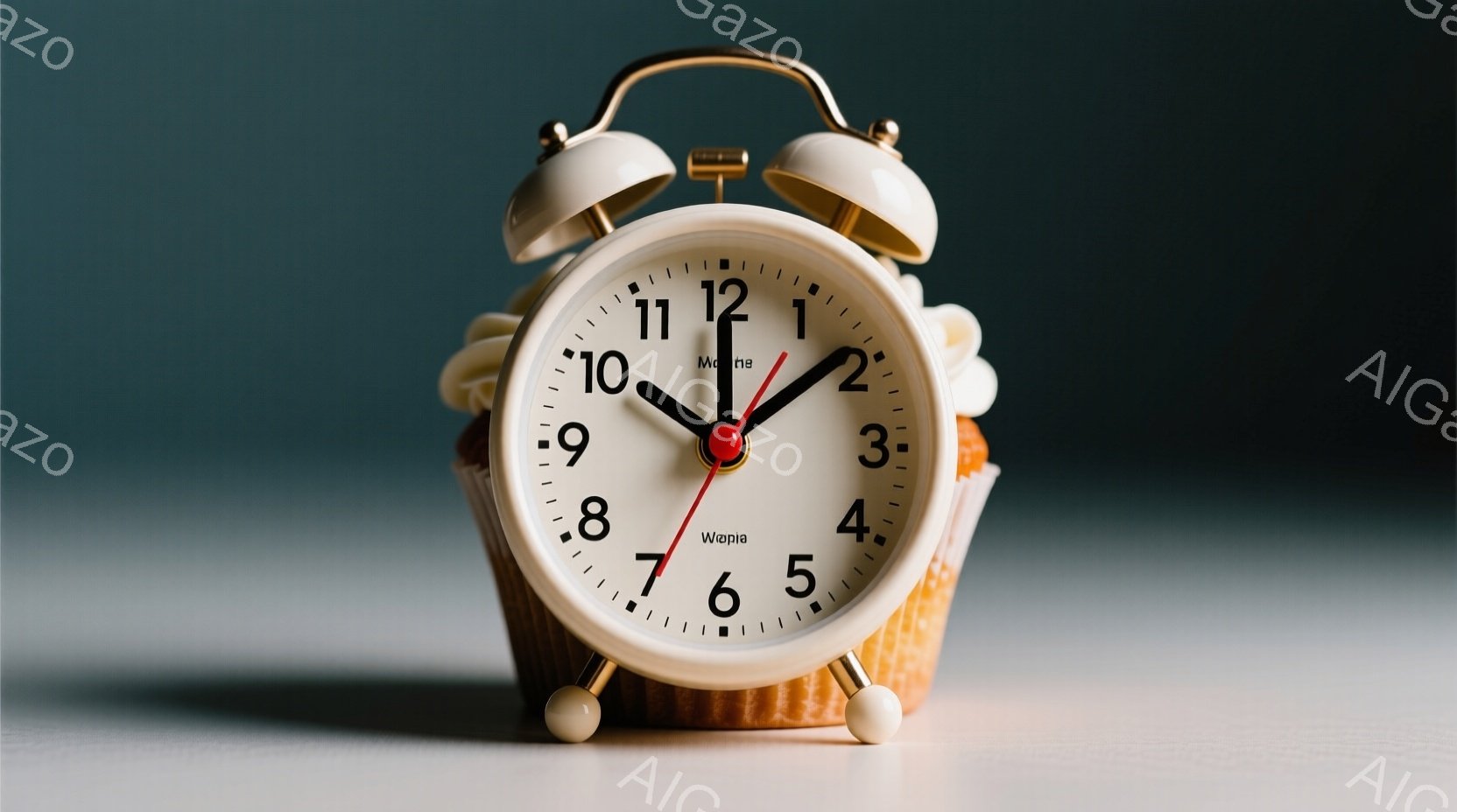 白いアラーム時計が、焼き色のついたカップケーキの上に置かれています。時計の針は8時少し過ぎを指しており、背景は淡い水色のグラデーションです。全体的に、時間と甘いものを組み合わせた、遊び心のある、少しシュールな雰囲気です。