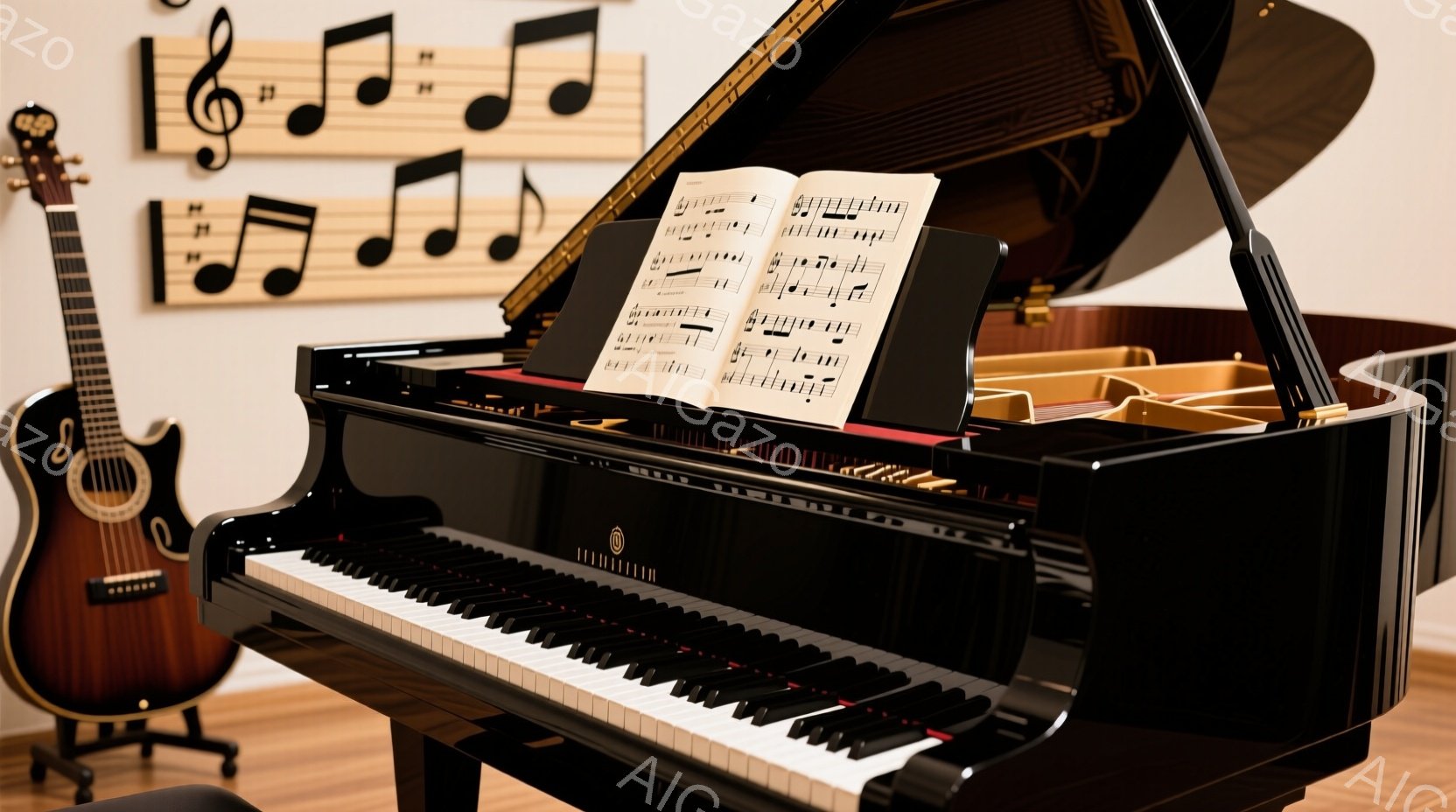 黒いグランドピアノが部屋の中心に置かれており、譜面台には楽譜が開いています。背景には音符の装飾が壁に掛けられ、部屋の隅にはアコースティックギターが置かれています。全体的に、音楽的な雰囲気で、落ち着いた静かな空間が表現されています。