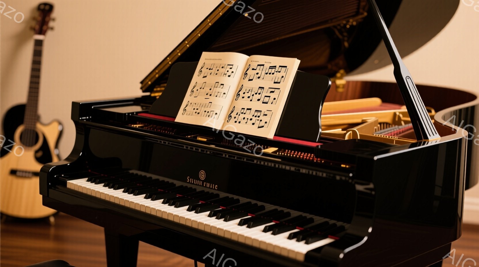 黒塗りのグランドピアノが、開いた楽譜立ての上で音楽譜を展示しています。ピアノの横には木製のギターがぼんやりと写っており、部屋全体は暖色系の照明で照らされています。全体的に静かで上品な雰囲気で、音楽空間 - AI生成フリー素材