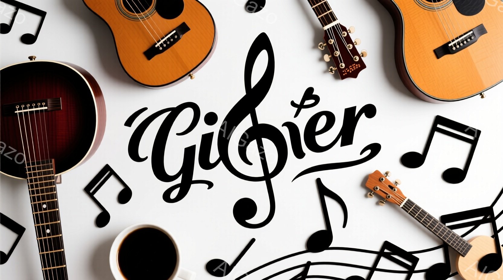 白い背景に、アコースティックギターとコーヒーカップが配置されています。ギターは様々な角度で配置され、音楽記号が散りばめられており、音楽やカフェの雰囲気を連想させます。全体的に暖かく、リラックスした雰囲気が漂っています。