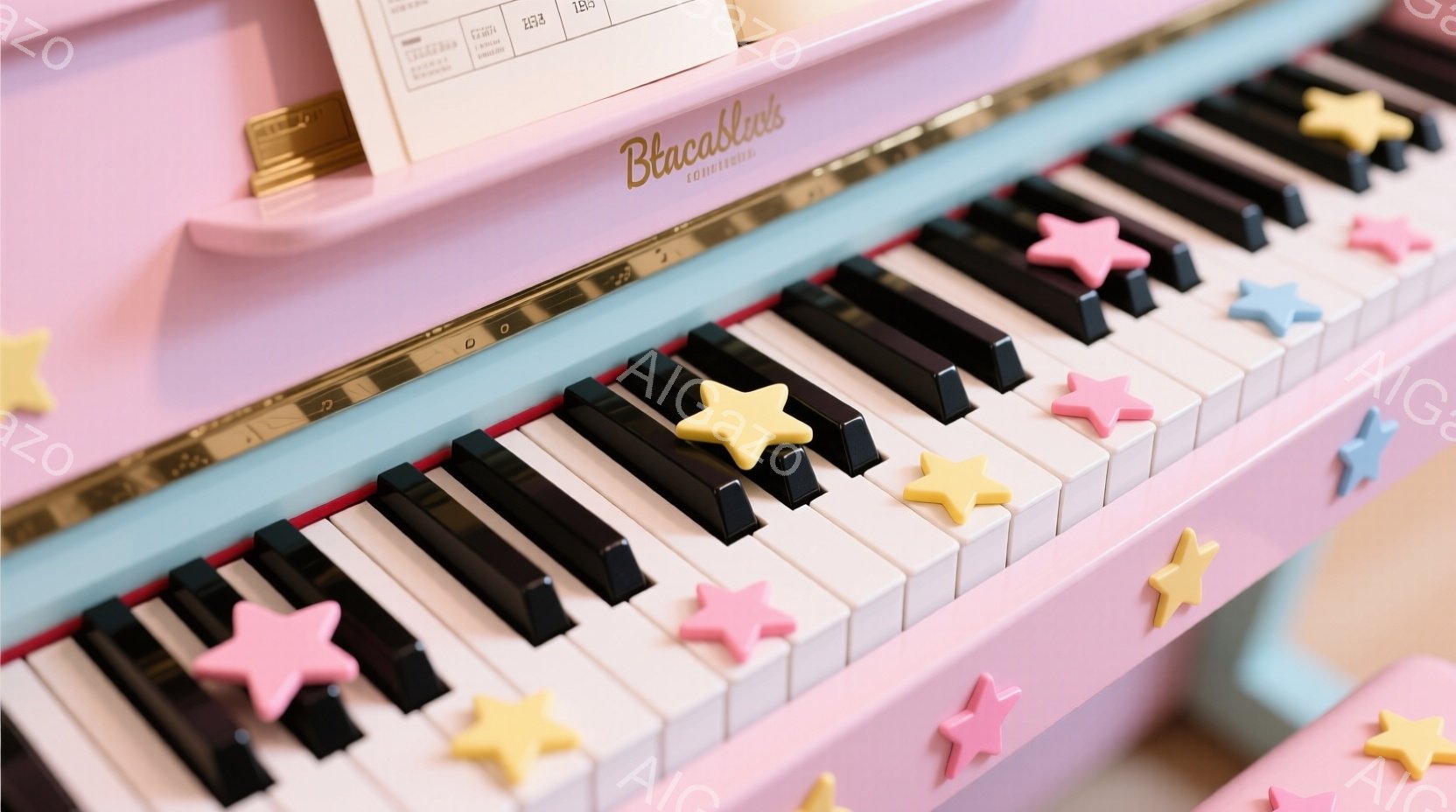 淡いピンク色のピアノの鍵盤が写っている。鍵盤の上には、黄色、ピンク、水色の星形の飾り付けが散りばめられており、可愛らしい雰囲気を醸し出している。背景はぼやけているが、全体的にパステルカラーで統一され、夢のような印象を与える。