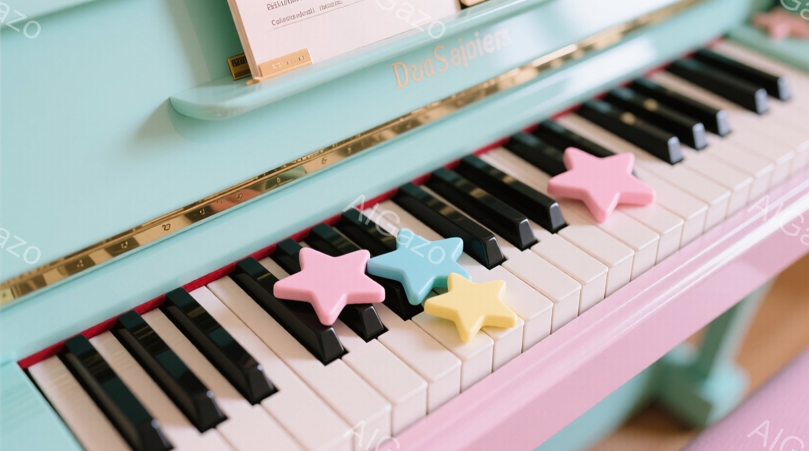 ターコイズブルーとパステルピンクの美しいピアノの鍵盤の上に、ピンク、黄色、水色の星形のオブジェクトが置かれています。鍵盤は白と黒で構成されており、明るく、遊び心のある雰囲気を醸し出しています。背景はぼやけており、ピアノと星に焦点が当てられています。