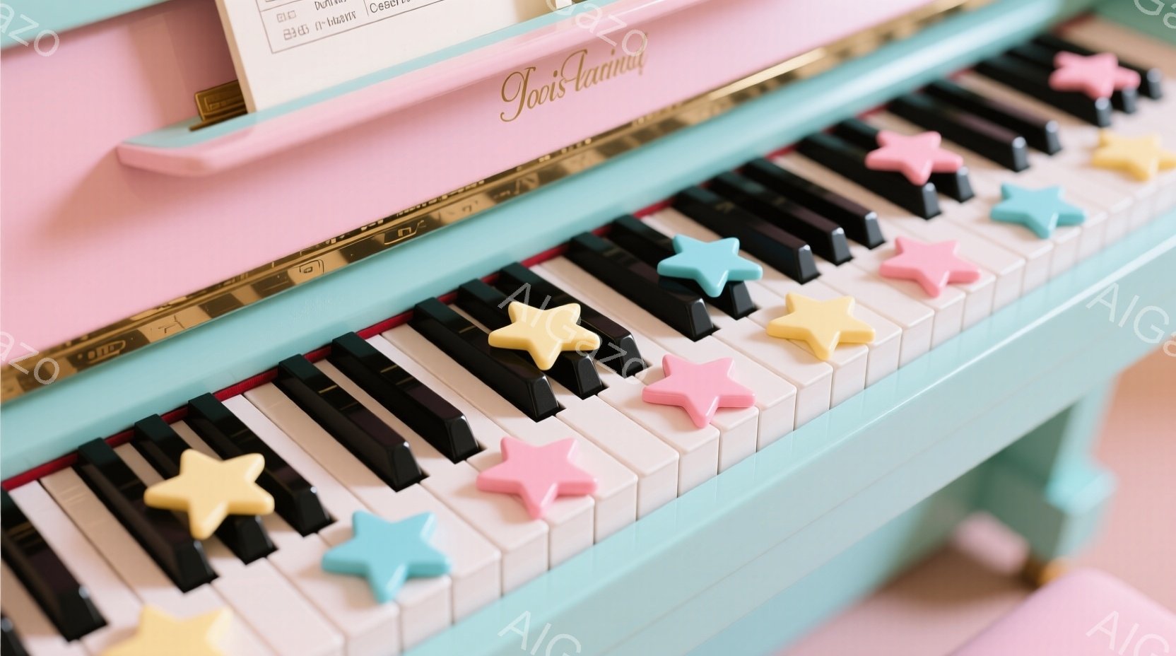 薄いミントグリーンとピンクのキーボードが写っており、白黒の鍵盤に黄色、水色、ピンクの星形のシールが貼られています。キーボードは一部がぼやけており、焦点は星形のシールに当てられています。全体的に、明るく遊び心のある、子供向けの音楽学習を連想させる雰囲気です。