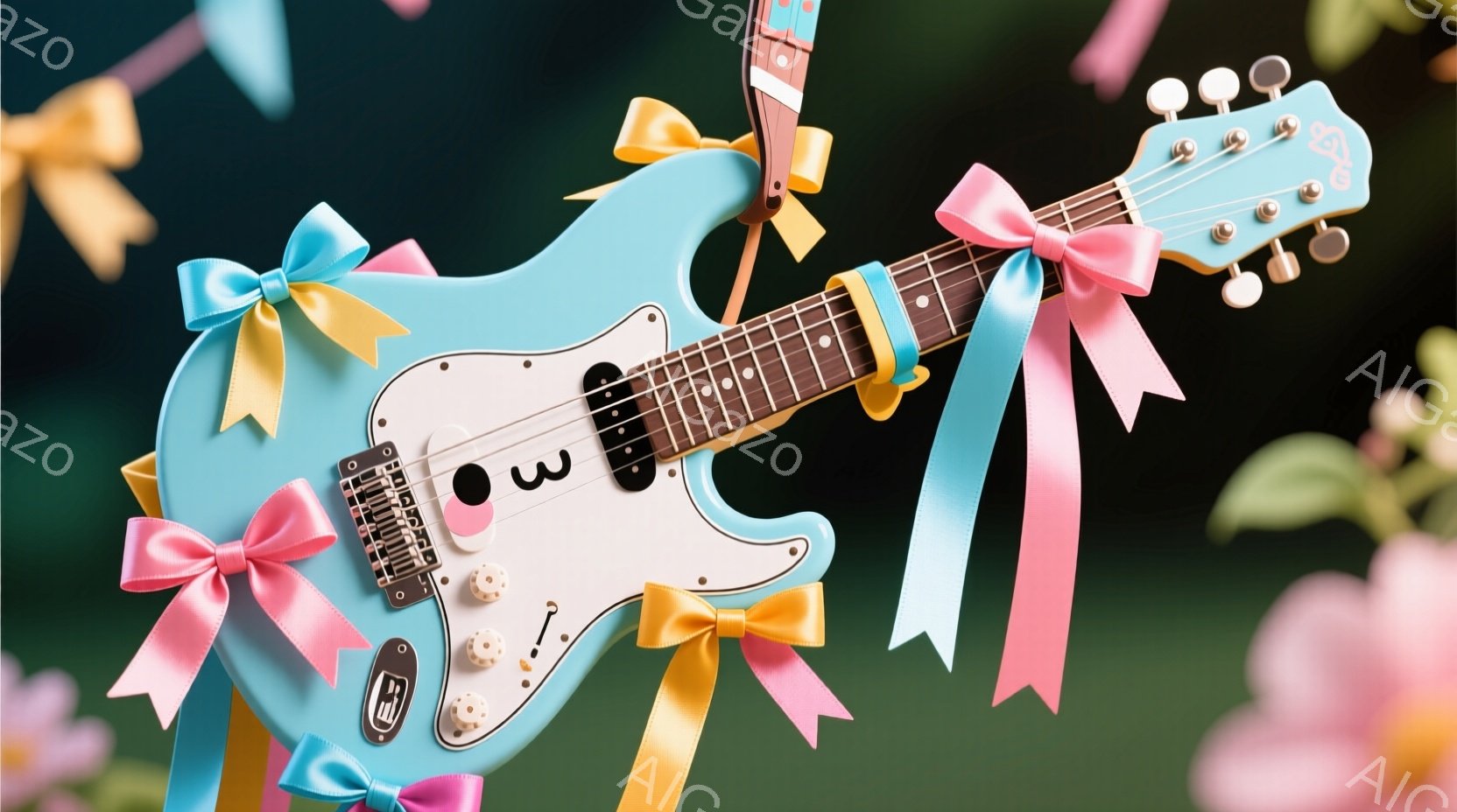 淡い水色のエレキギターが、ピンク、黄、水色のリボンで飾られています。背景にはぼやけた花が咲き乱れ、まるで祝祭のような雰囲気を醸し出しています。ギターは角度をつけて配置され、リボンが空中に舞っているような、夢のような印象を与えます。