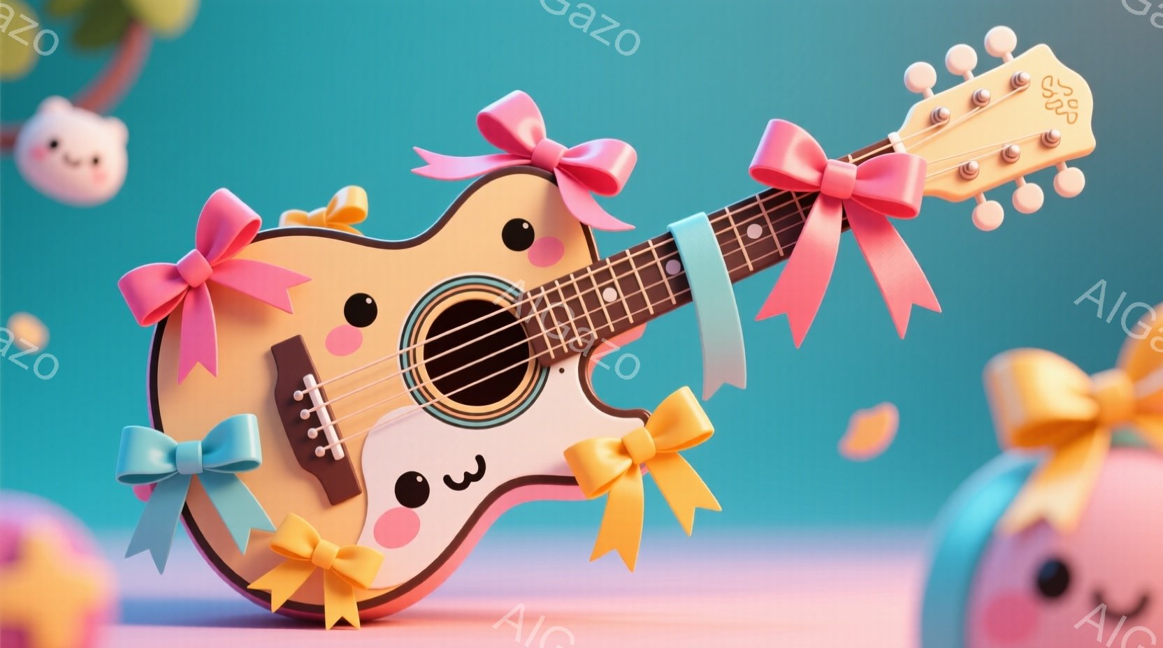 明るいピンク色の背景に、かわいらしい表情をしたウクレレが描かれています。ウクレレは頬が赤く、つぶらな瞳が特徴的で、首には水色のリボン、全体にピンクと黄色のリボンが飾られています。周囲には、同じ表情をし - AI生成フリー素材