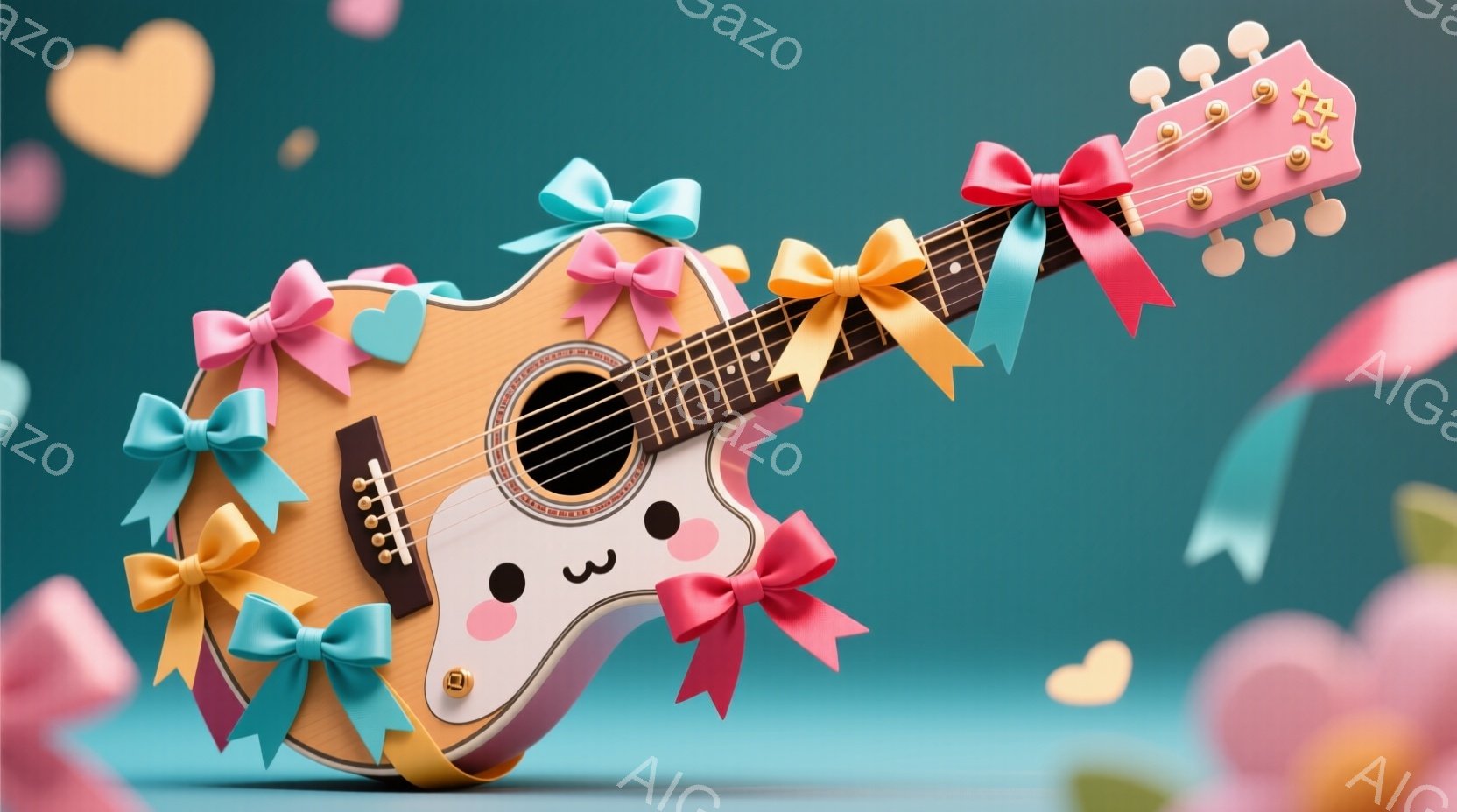 淡い緑色の背景に、可愛らしいギターが浮かんでいます。ギターはクリーム色のボディに、ピンク色の縁取りがあり、大きな黒い目が描かれています。周りには、ピンクや水色のリボンやハート型の紙吹雪が舞い、華やかで夢のような雰囲気を醸し出しています。