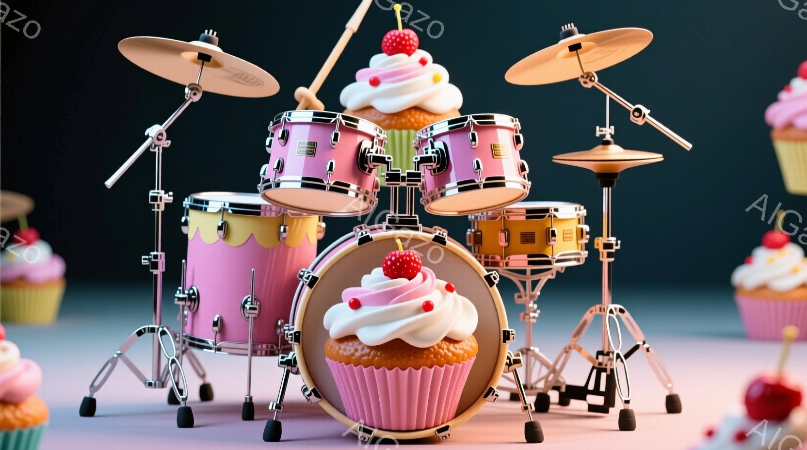 カラフルなカップケーキがドラムセットを構成しています。ピンク、黄色、オレンジ色のカップケーキがドラムとして使われ、クリームと赤いチェリーが飾られています。背景はぼかしたピンク色で、他のカップケーキが配置されており、全体的に明るく遊び心のある雰囲気です。