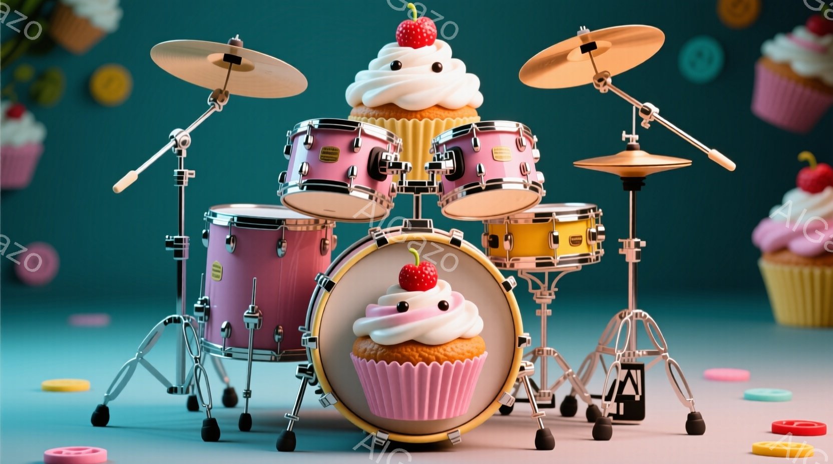 明るいターコイズブルーの背景に、カップケーキを模したドラムセットが設置されています。各ドラムはクリーム色とピンク色で装飾され、上部にはイチゴが飾られています。床には、色とりどりの小さなカップケーキのイ - AI生成フリー素材