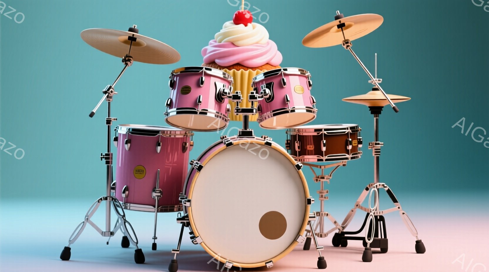 ピンク色のドラムセットが配置された様子を捉えています。ドラムセットの各部分は、クリームとチェリーをトッピングしたカップケーキのようにデザインされており、遊び心とユニークな雰囲気を醸し出しています。背景は淡い青から白へのグラデーションで、ドラムセットが際立っています。