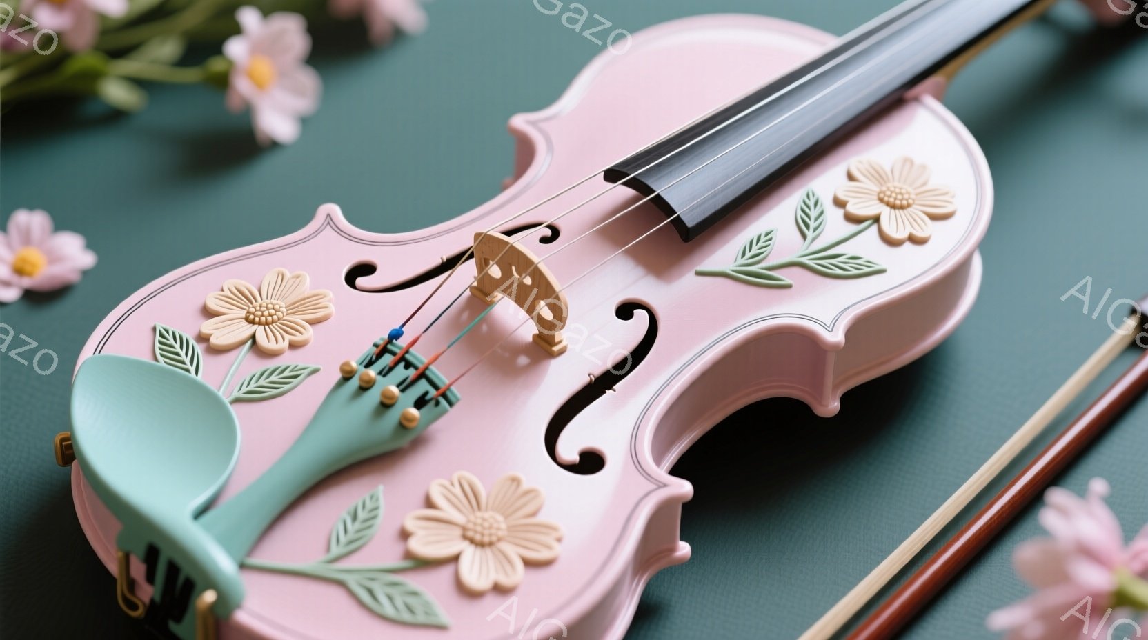 淡いピンク色のバイオリンが、緑色の背景に置かれています。バイオリンの表面には、立体的な花のレリーフが装飾されており、優雅で可愛らしい印象を与えます。周りには白とピンクの花が散りばめられており、春らしい穏やかな雰囲気を醸し出しています。