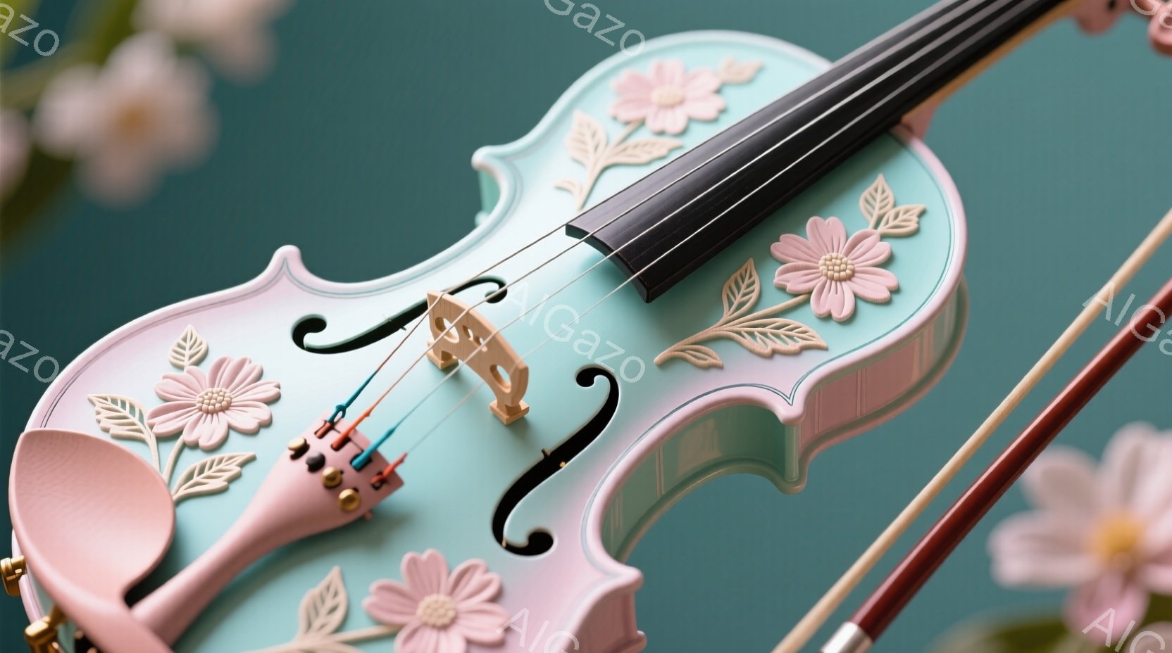 淡い水色のバイオリンが、白とピンクの花模様で飾られており、優雅で可愛らしい印象を与える。バイオリンの周りには、ぼやけたピンク色の花が咲き乱れ、春の穏やかな雰囲気を醸し出している。全体的に柔らかい色合いと花々が組み合わさり、夢のような、詩的な雰囲気を演出している。