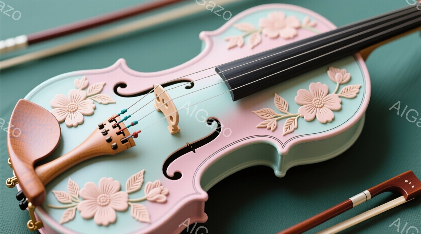 淡い水色のバイオリンが、クリーム色の花の模様で飾られています。弦は黒く、弓の一部がフレームの右下にわずかに見えています。バイオリンは落ち着いた緑色の背景に置かれており、全体的に柔らかくロマンチックな雰 - AI生成フリー素材