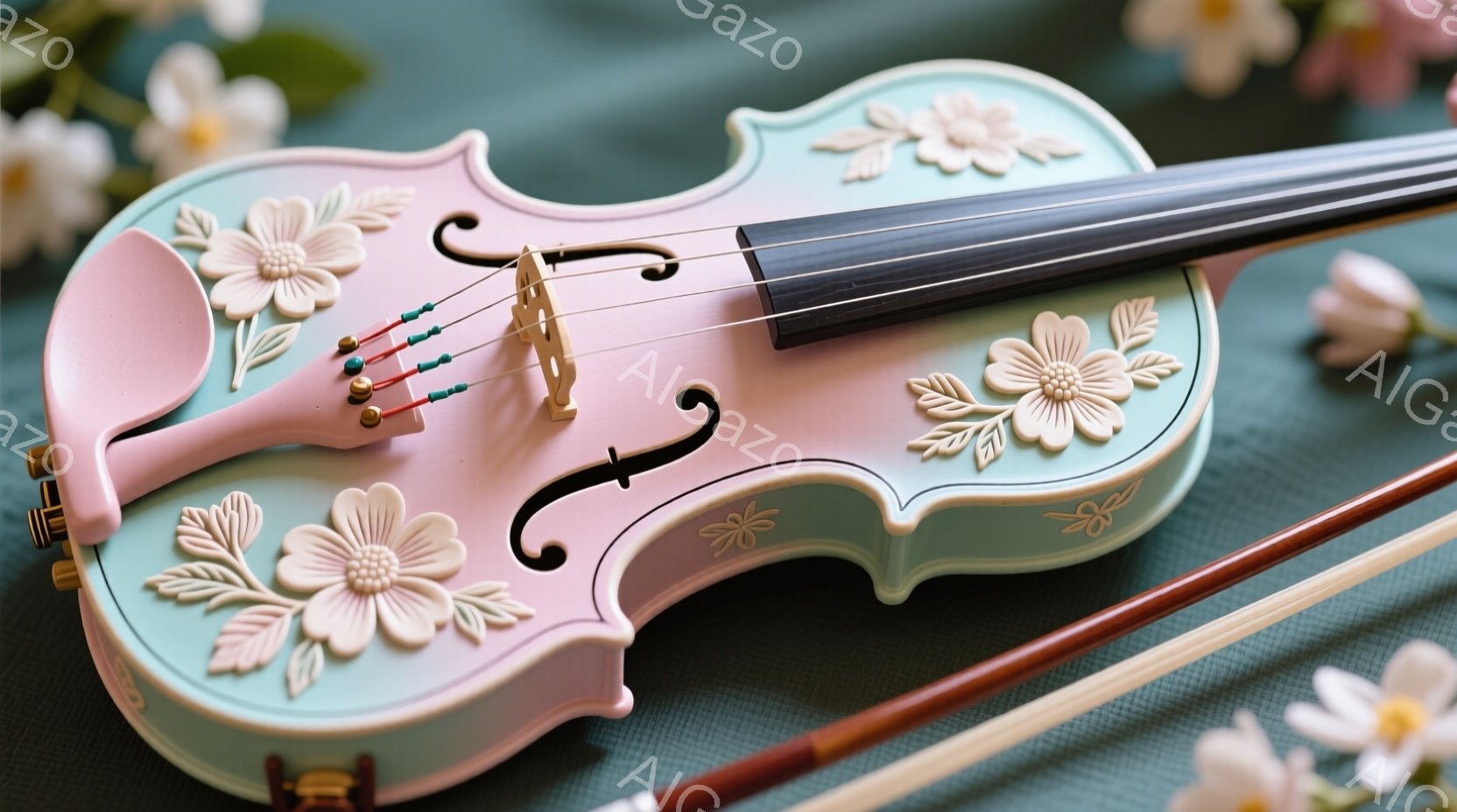 淡いピンクと水色のバイオリンが、白いレリーフのような花柄で飾られています。バイオリンは弓とともに、淡い緑色の背景に置かれており、周りには白い花びらが散りばめられています。全体的に柔らかく、夢のような、春らしい雰囲気が漂っています。