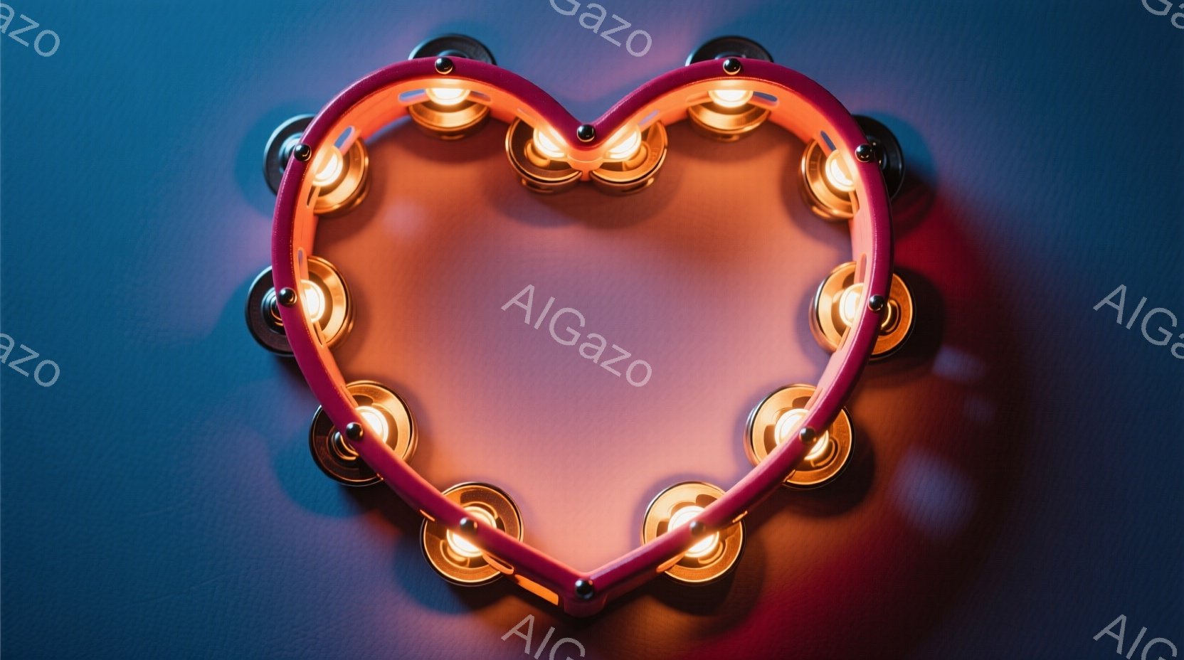 鮮やかなピンク色のタンバリンが、濃い青色の背景に浮かび上がっています。タンバリンの縁には金属製のシンバルが等間隔に配置され、温かい光を放っています。全体的に、明るく、リズミカルで、遊び心のある雰囲気です。