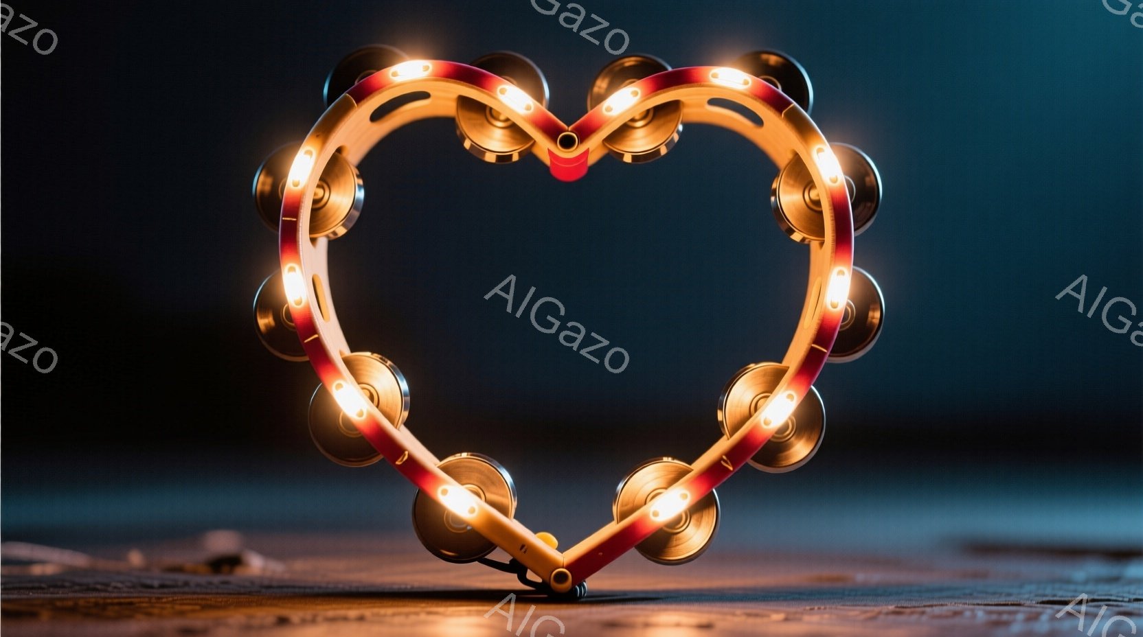 赤いタンバリンがハート形に配置されており、背景は暗くぼやけた木製の表面です。タンバリンの金属製のシンバルは明るく光っており、暗い背景とのコントラストが目を引きます。 全体的に、音楽とロマンチックな雰囲気が漂う写真です。