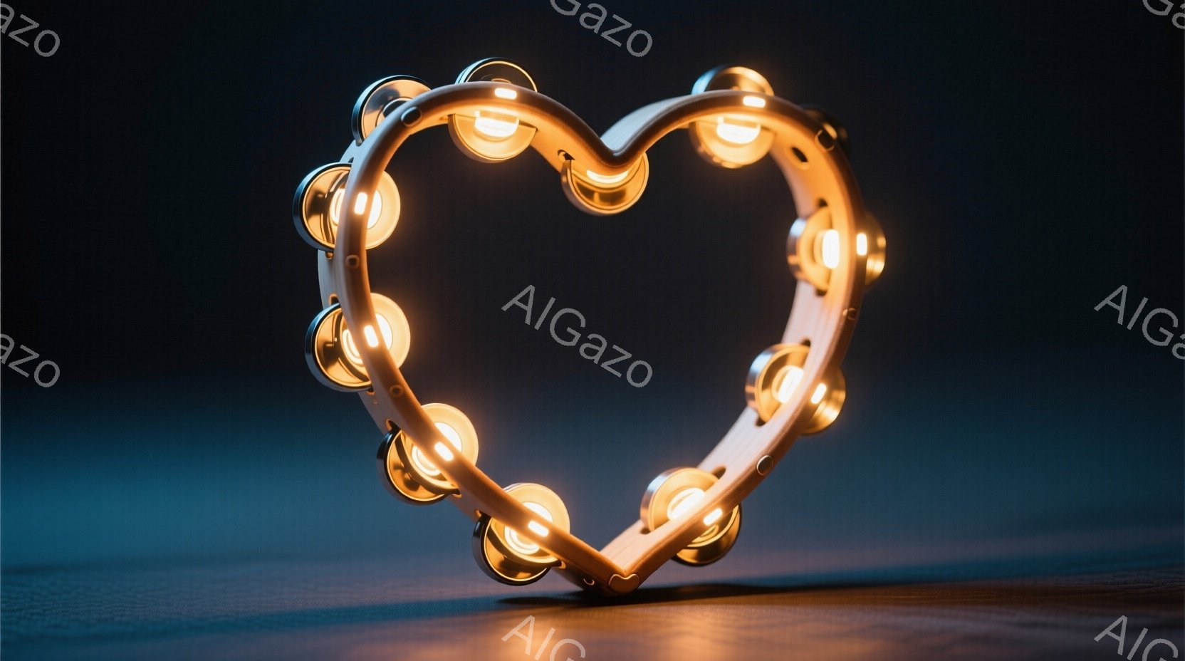 金色のタンバリンがハート型に並べられたクローズアップです。タンバリンは光を放っており、暗い背景の表面に反射しています。全体的に、暖かく、優しい雰囲気で、焦点はタンバリンの形と輝きにあります。