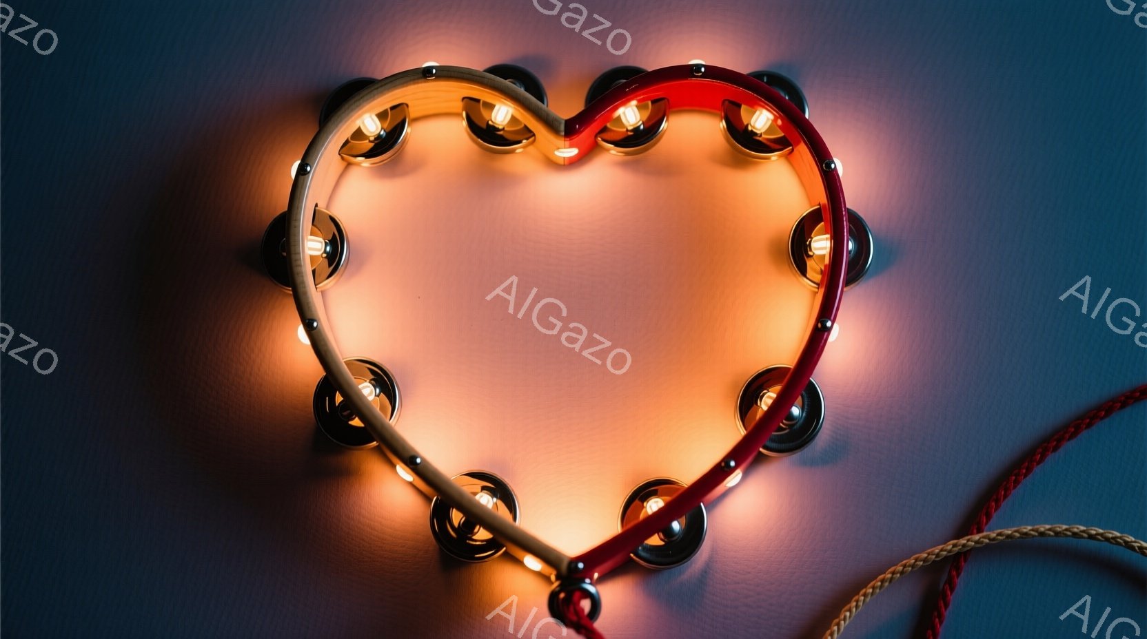 鮮やかな赤色の紐で飾られた、光るタンバリンがハート型に並べられています。タンバリンの金属部分が温かいオレンジ色の光を放ち、背景の暗い壁とのコントラストが印象的です。全体的に暖かく、どこか懐かしい雰囲気 - AI生成フリー素材