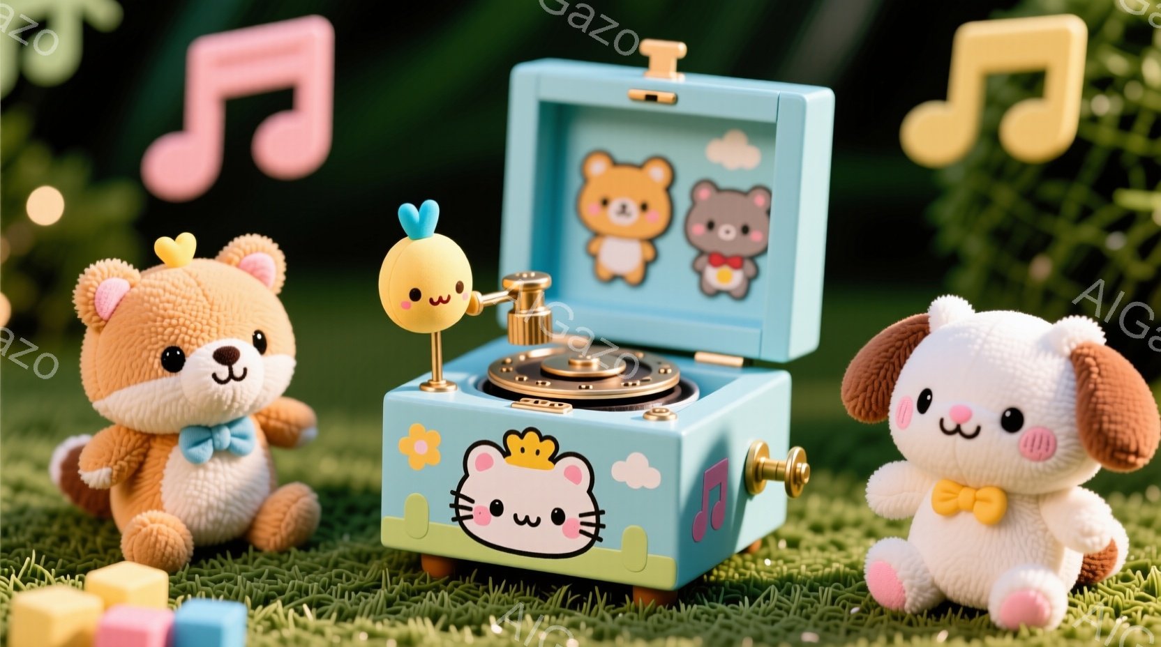 ふわふわのテディベアと子犬のぬいぐるみが、青い蓄音機を中心に配置されています。子犬は黄色のリボンをつけており、テディベアは同じ色のリボンを結んでいます。背景には緑色の芝生と音楽記号が散りばめられ、可愛らしい雰囲気を作り出しています。