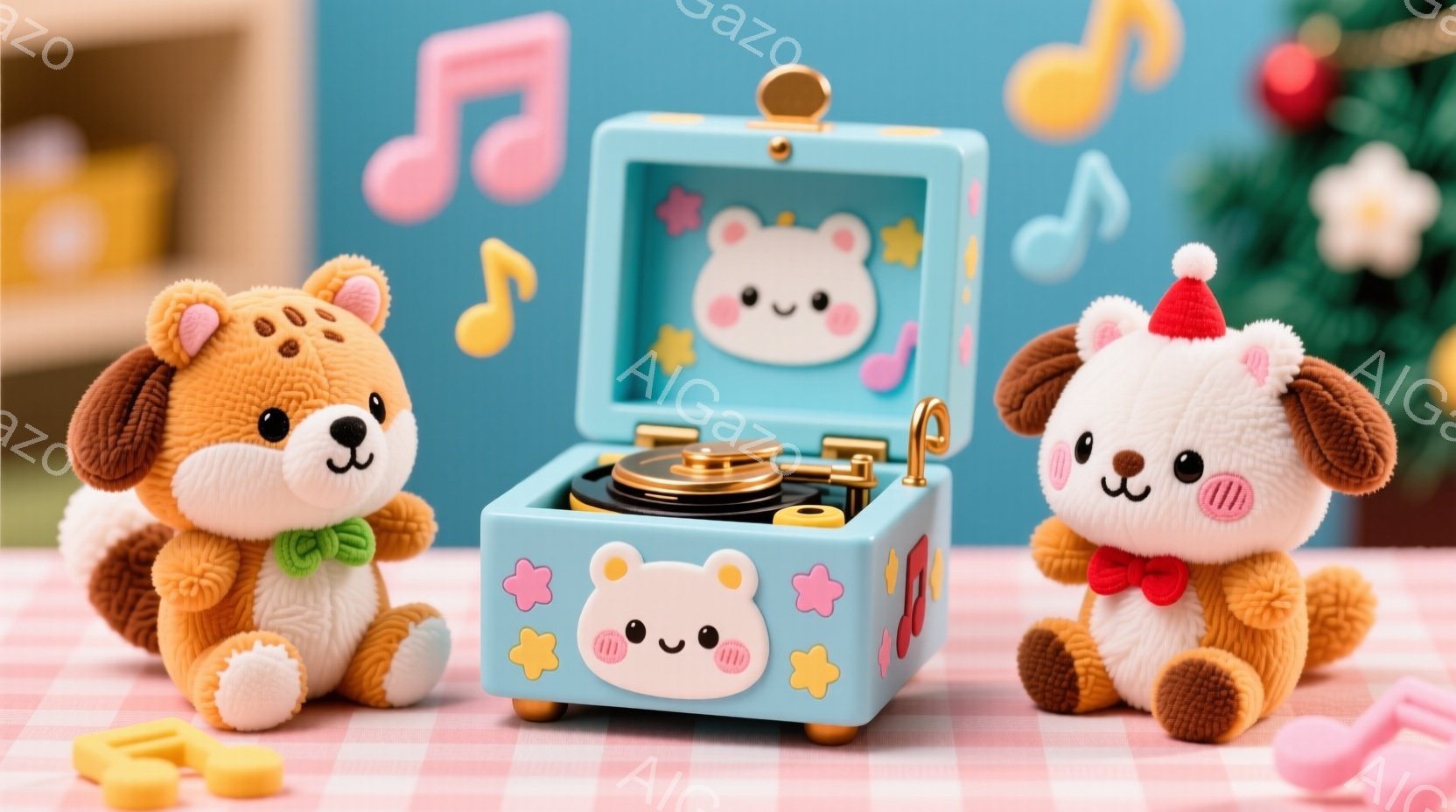 ふわふわの茶色い犬のぬいぐるみ２体が、水色のレコードプレーヤーを挟んで座っています。片方の犬は緑色のリボン、もう片方の犬は赤いリボンを首に巻いており、どちらも可愛らしい表情をしています。背景には、ピンクと白のチェック柄のテーブルクロス、音楽記号、そして小さなビスケットなどが散りばめられており、温かく、お祝いのような雰囲気です。