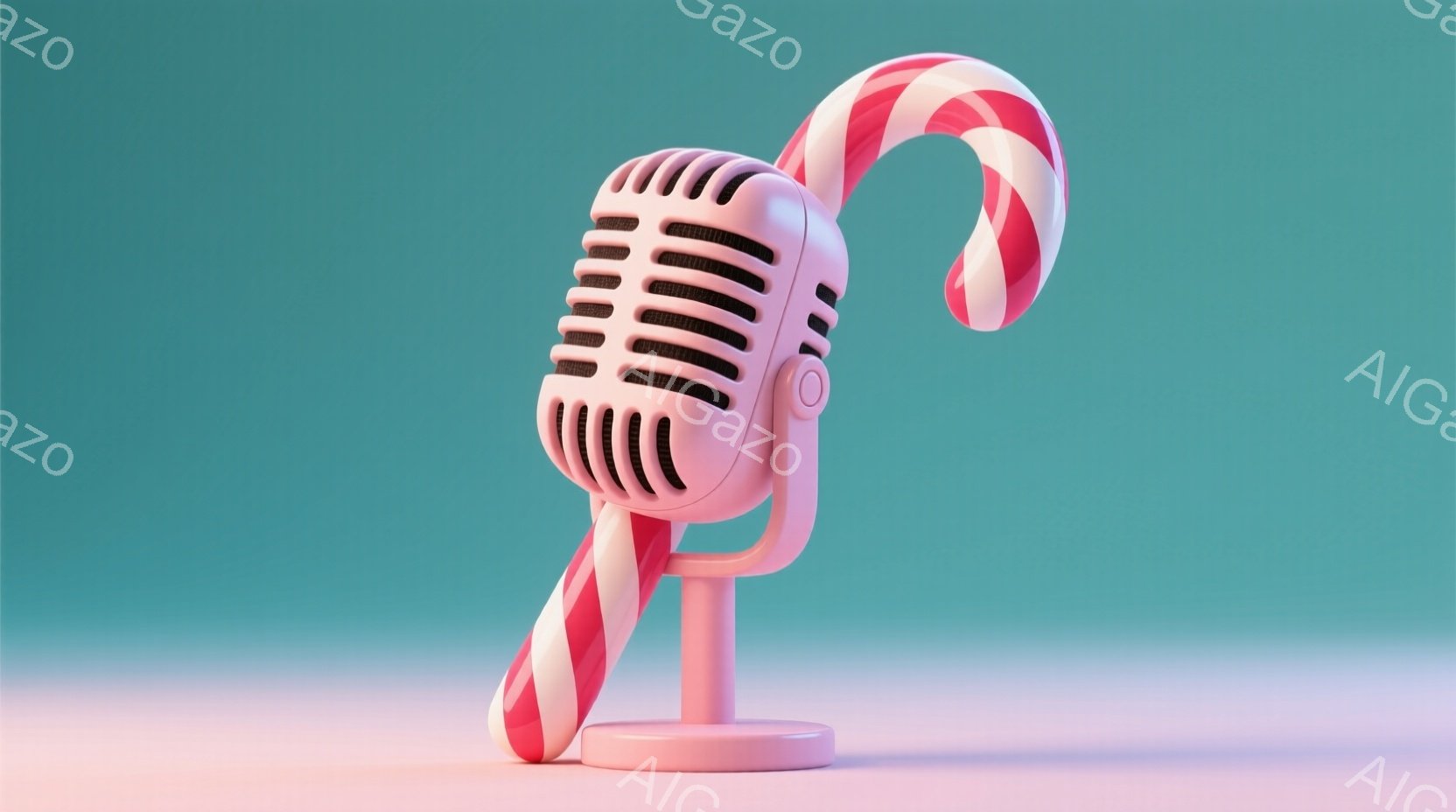 ピンク色のレトロなマイクが、赤と白の縞模様のキャンディでできたスタンドに設置されています。背景は淡い青からピンクへのグラデーションで、滑らかでミニマルな雰囲気です。全体的にポップで遊び心のある、お菓子 - AI生成フリー素材