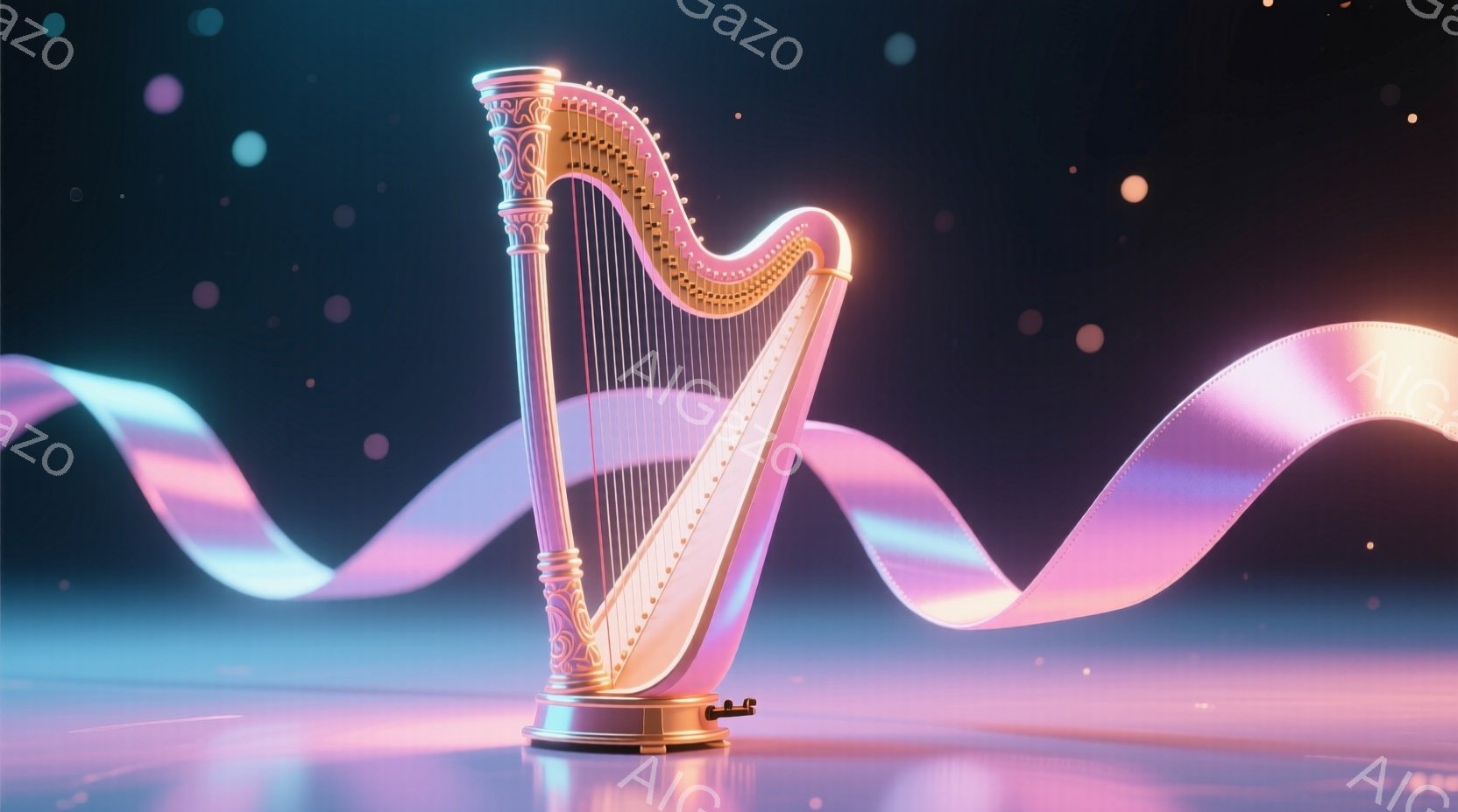 金色のハープが、柔らかなピンクと青の光が流れる背景に浮かび上がっています。ハープは精巧な装飾が施され、光沢のある素材が使用されており、優雅で幻想的な雰囲気を醸し出しています。背景にはぼんやりとした光の - AI生成フリー素材