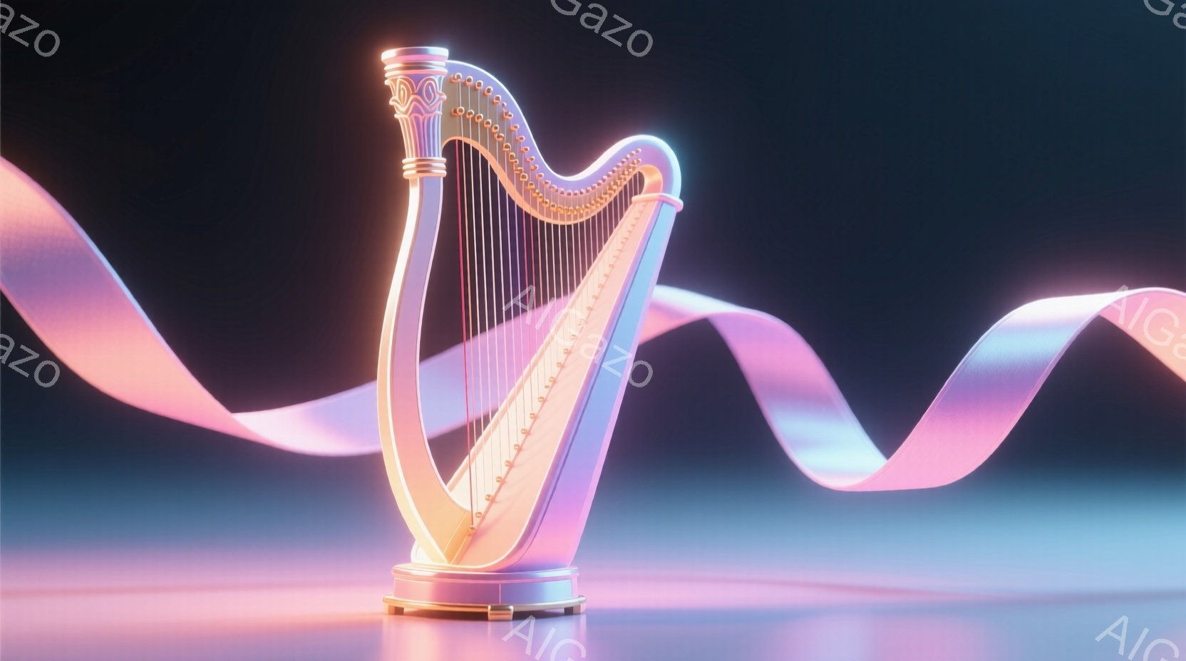 鮮やかなピンクと紫の光が照らすハープが印象的な画像です。ハープは光沢のある白地に、金色の装飾が施されており、その優雅な曲線と多数の弦が美しい旋律を想像させます。背景はぼやけたグラデーションで、ハープが - AI生成フリー素材