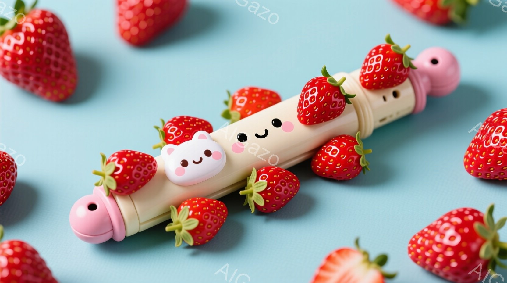 淡い水色の背景に、イチゴが散りばめられています。中央には、クリーム色の棒にピンク色のキャップが付いた、可愛らしいイチゴのキャラクターが横たわっており、満面の笑みを浮かべています。全体的に明るく、甘くて - AI生成フリー素材