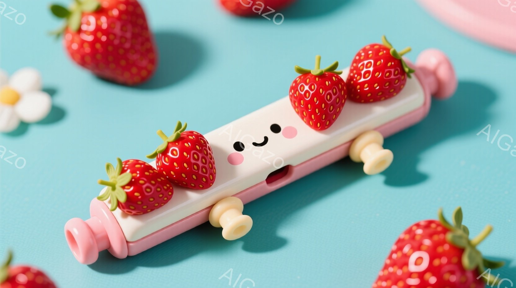 明るい水色の背景の上に、イチゴが乗った白い棒状のキャラクターが置かれています。そのキャラクターは丸い黒い目と赤い頬を持っており、可愛らしい表情をしています。周りには、本物のイチゴと白いチョコレートのよ - AI生成フリー素材