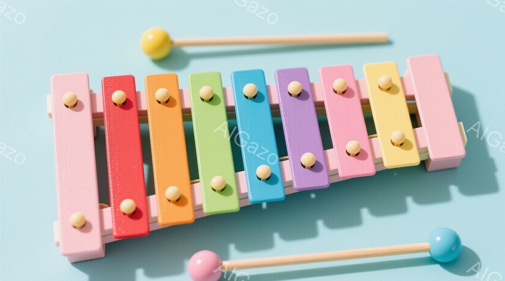 鮮やかな色彩の木製シロフォンが、淡い水色の背景の上に置かれています。赤、オレンジ、黄色、緑、青、紫、ピンクの順番に並んだ音板には、木製のストッパーが付いており、2本の短いバチが近くに置かれています。  - AI生成フリー素材