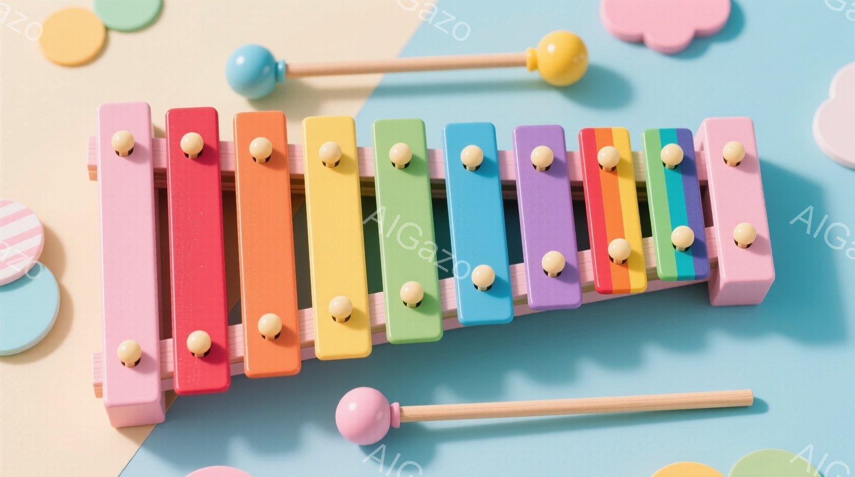 明るいパステルカラーの木製シロフォンが写っている。ピンク、赤、オレンジ、黄、緑、青、紫の虹色のプレートが並び、それぞれのプレートの上には小さな木製のハンマーが付いている。背景にはパステルブルー、ピンク - AI生成フリー素材