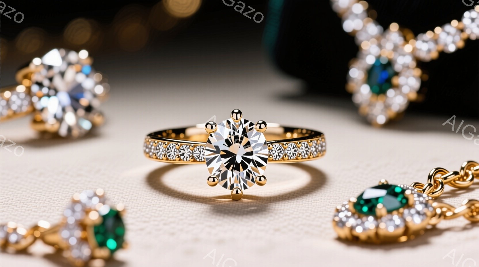 豪華なジュエリーのクローズアップで、焦点は大きなダイヤモンドがセットされた金色の指輪に当てられています。指輪の周りには、緑色の宝石をあしらった金色のイヤリングと、小さなダイヤモンドが散りばめられたブレスレットが配置され、贅沢さと優雅さを強調しています。背景はぼやけたベージュ色で、ジュエリーの輝きを引き立て、洗練された雰囲気を醸し出しています。
