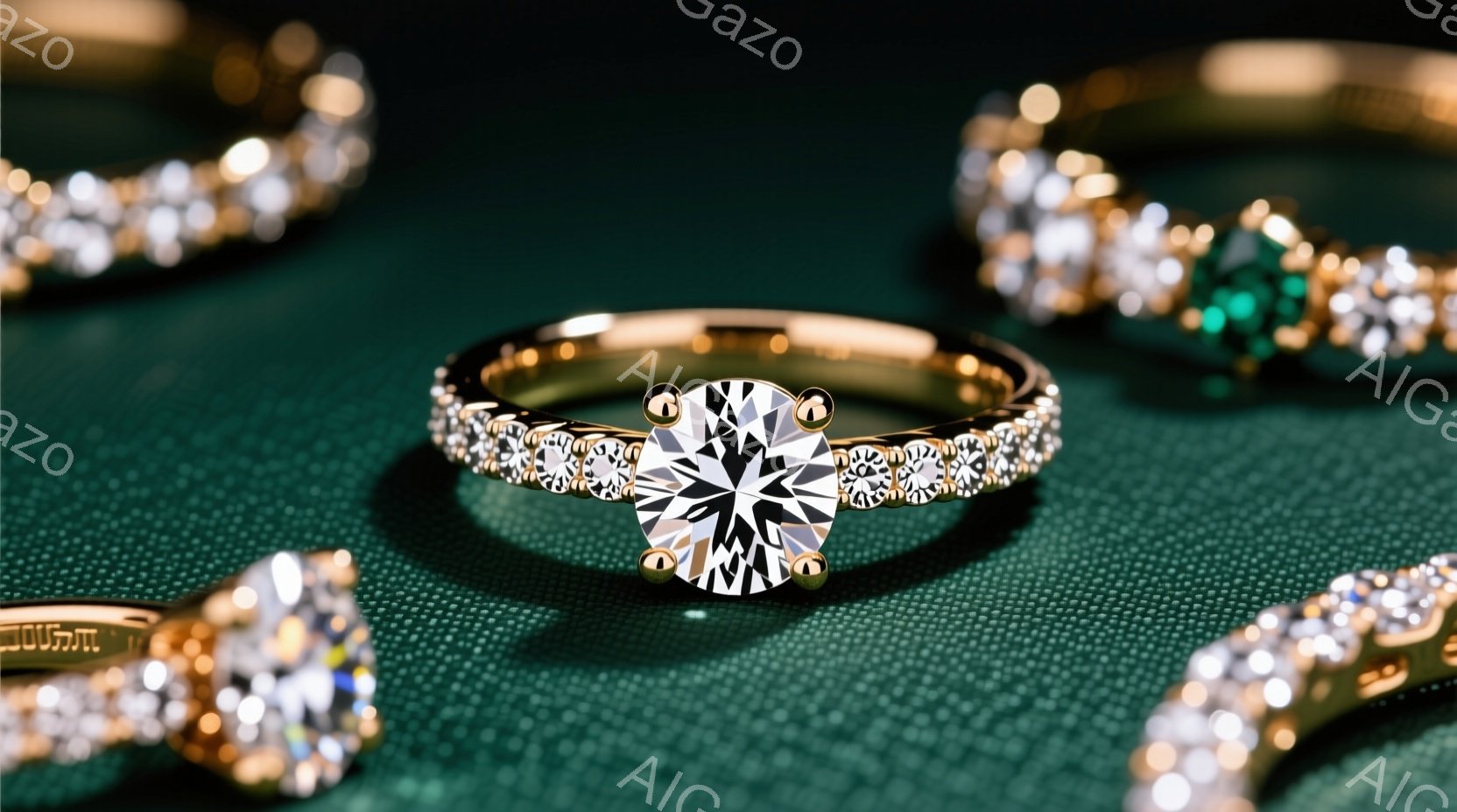 鮮やかな緑色の背景に、複数のダイヤモンドリングが配置されています。中央のリングは、大きなラウンドカットダイヤモンドが特徴で、側面には小さなダイヤモンドが散りばめられています。他のリングも同様にダイヤモンドが輝き、高級感と洗練された雰囲気を醸し出しています。