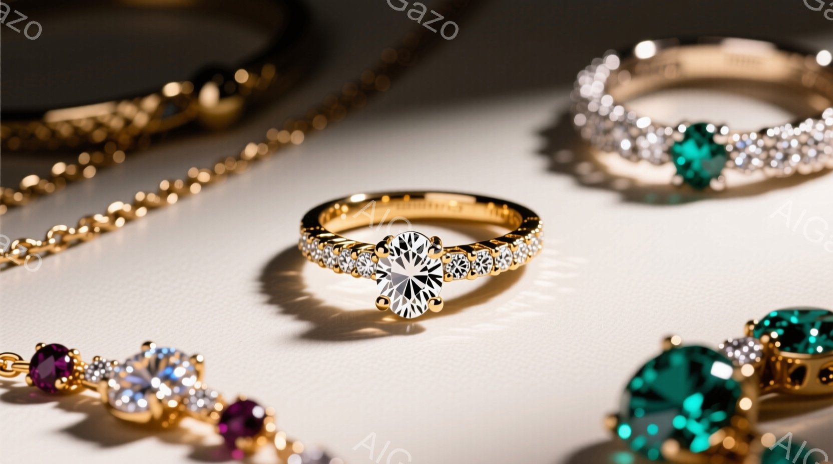 複数の指輪とチェーンネックレスが配置されたクローズアップ写真です。中心には、ダイヤモンドが輝く華やかな婚約指輪が置かれ、周りには紫や緑の宝石が埋め込まれた指輪やネックレスが散りばめられています。全体的に明るい照明と宝石の輝きが、上品で贅沢な雰囲気を醸し出しています。