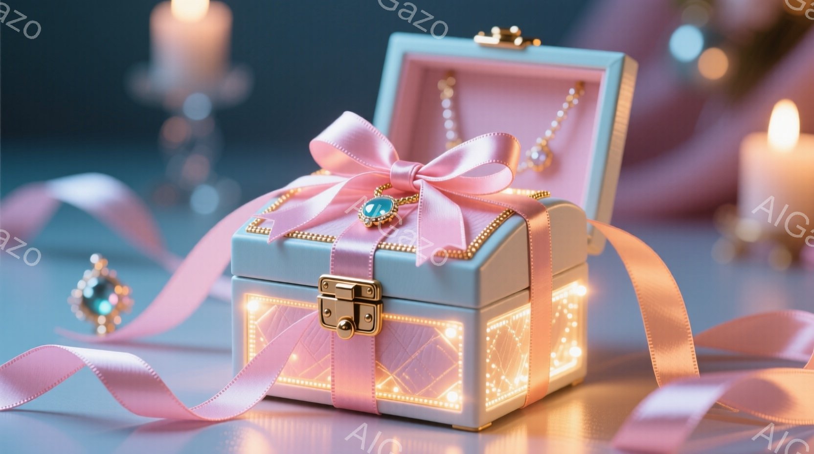 白い宝箱がピンクのリボンで飾られ、中には輝くジュエリーが収められています。箱の周りには、ぼんやりとした光が灯るキャンドルが配置され、夢幻的な雰囲気を醸し出しています。全体的に淡い色調で、優雅でロマンチックな印象を与える画像です。