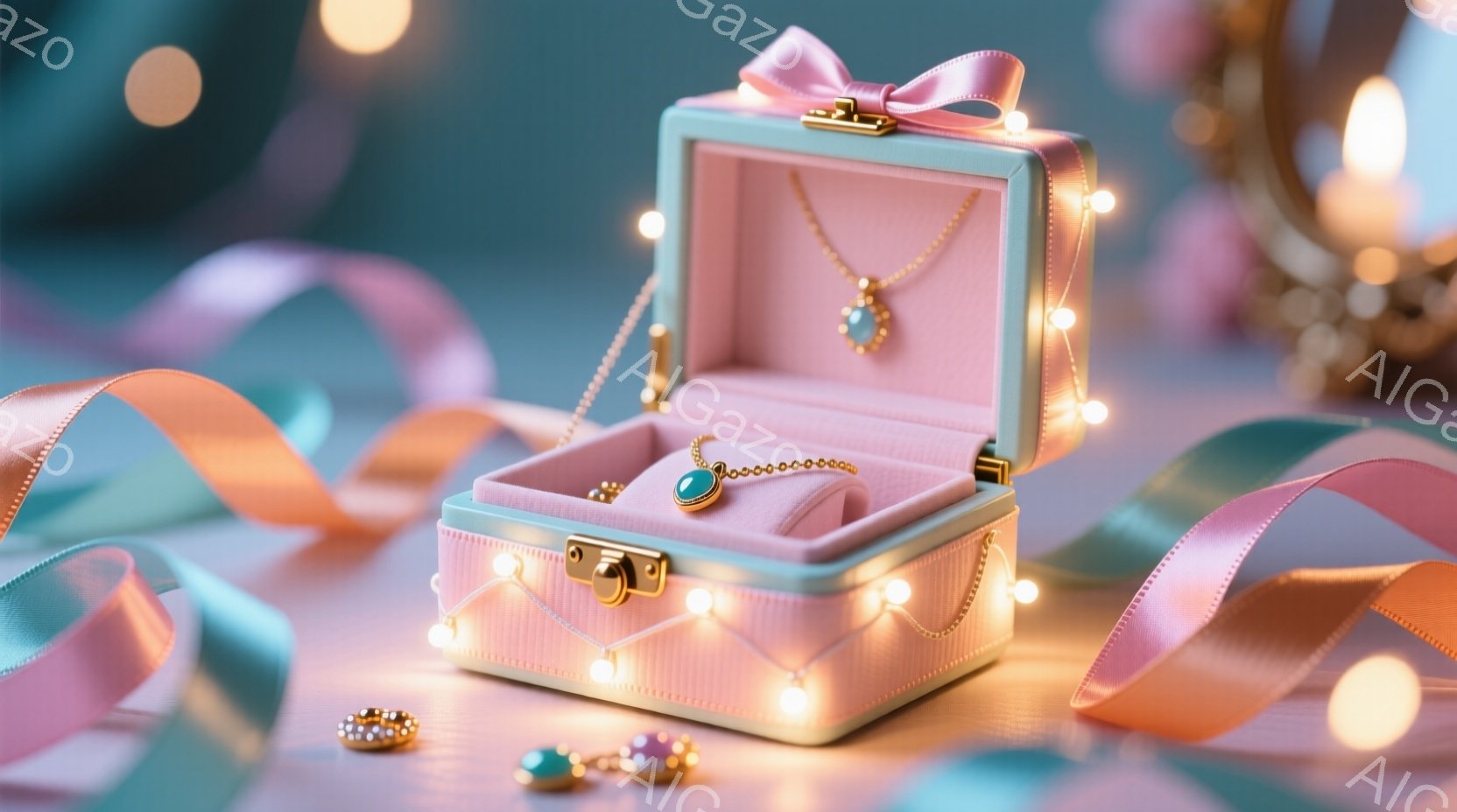 淡いピンク色の宝石箱が、リボンと光のイルミネーションで飾られた柔らかい背景に置かれています。箱の中には、エメラルドのような緑色の宝石がついた金色のネックレスと、いくつかの宝石が散りばめられています。全 - AI生成フリー素材